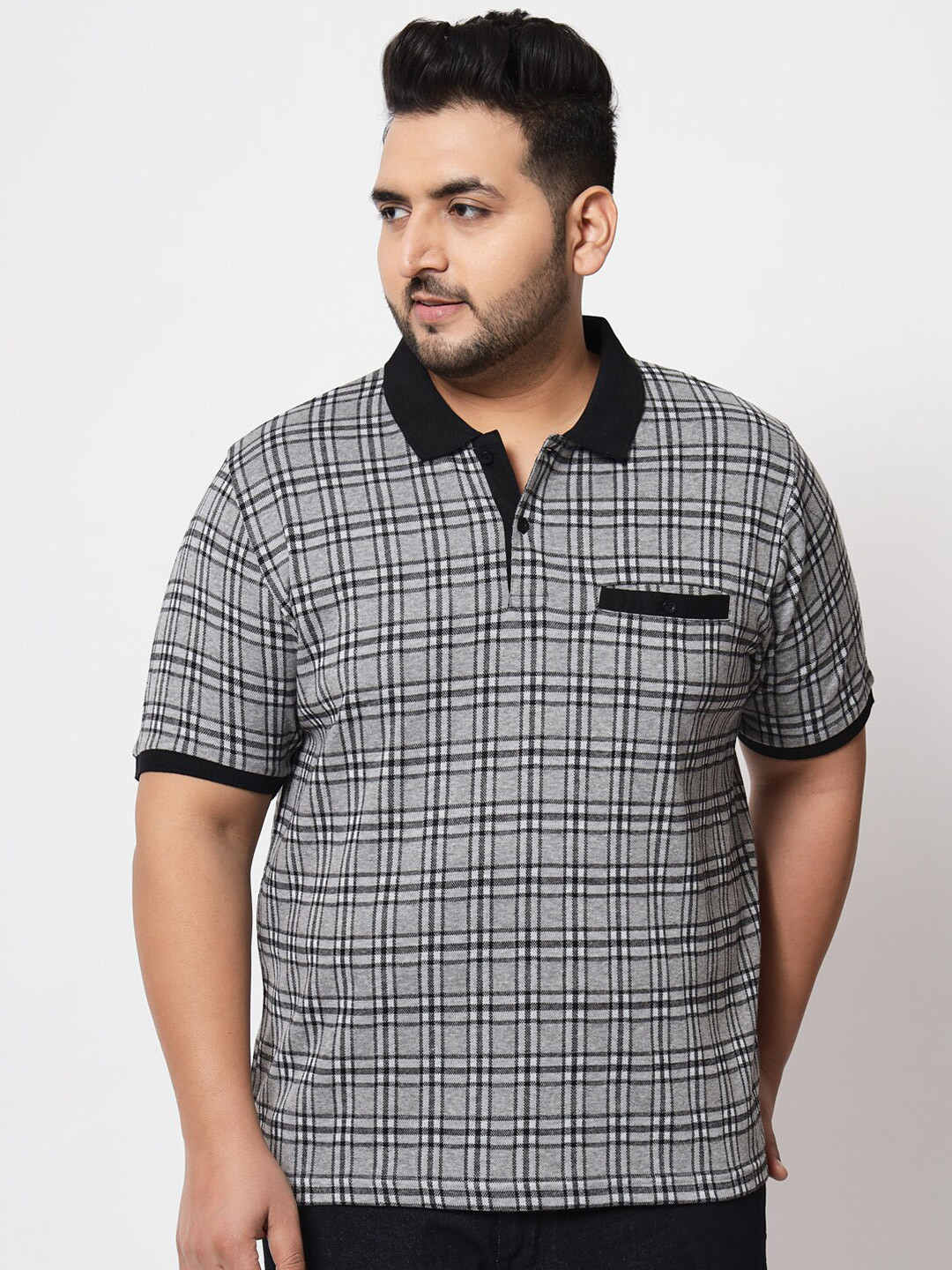 

AUSTIVO Men Plus Size Grey & Black Checked Polo Collar T-shirt