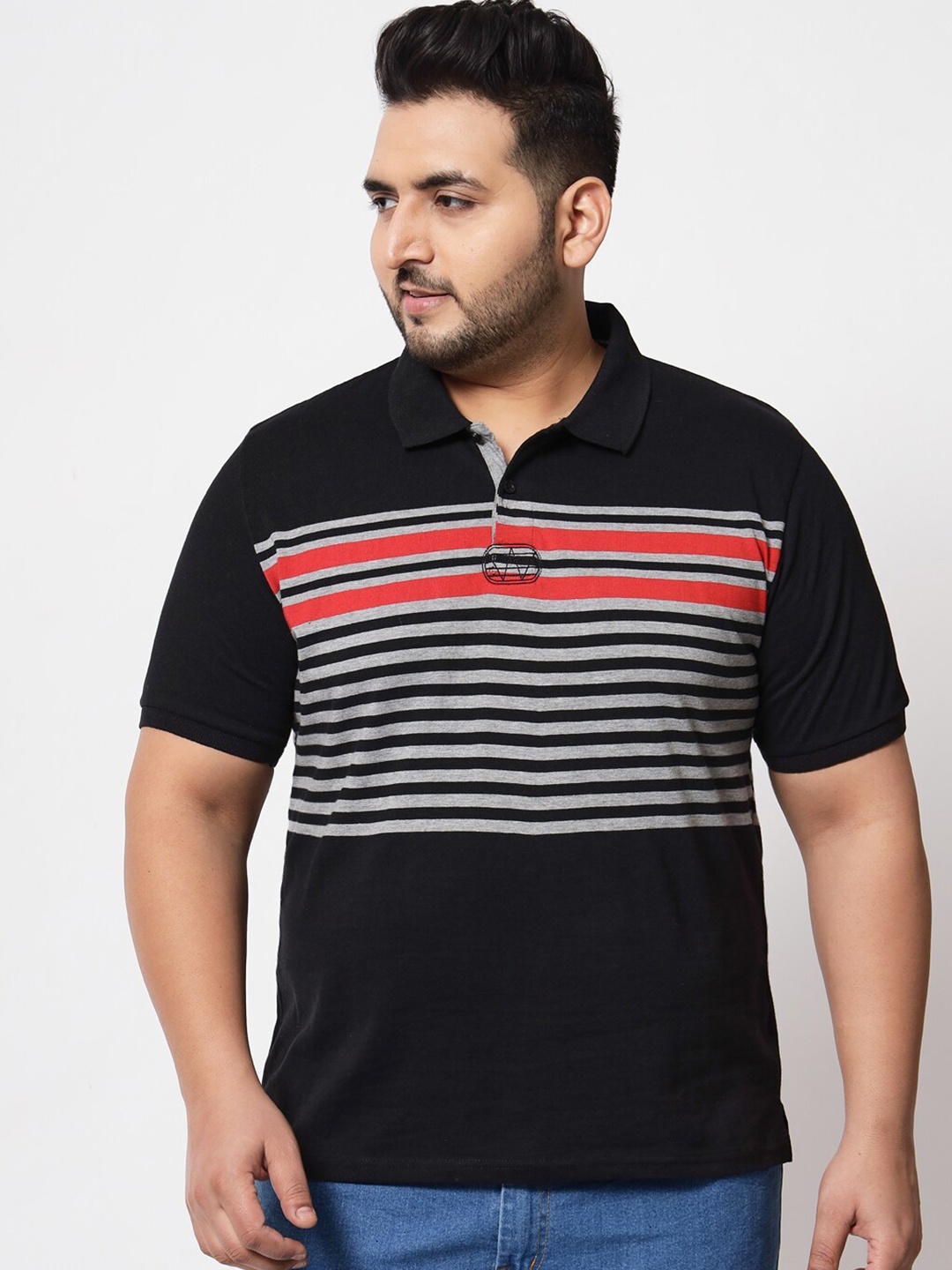 

AUSTIVO Plus Size Men Black & Red Striped Polo Collar T-shirt