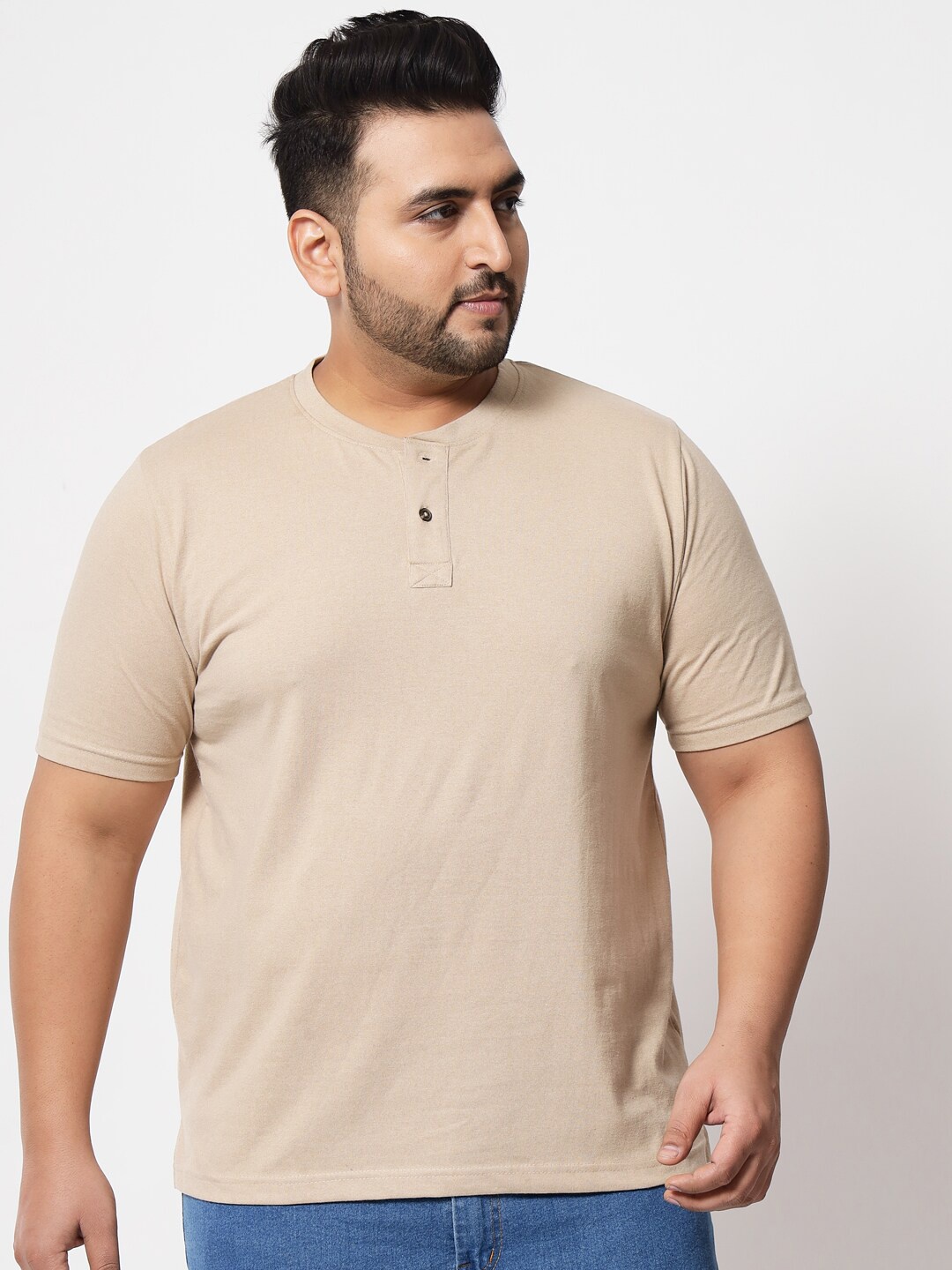 

AUSTIVO Men Plus Size Beige Henley Neck T-shirt