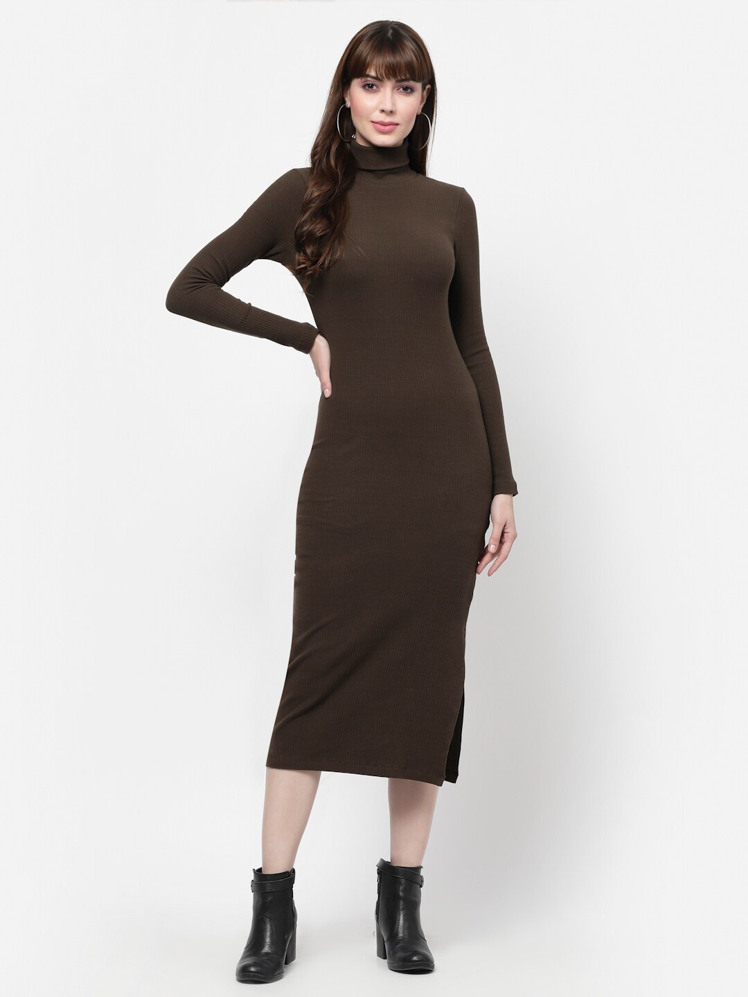 

FLAWLESS Brown Solid High Neck Sweater Maxi Dress