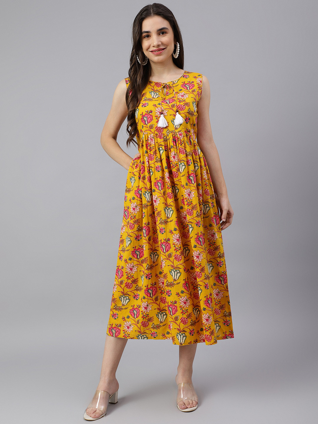 

DECKEDUP Yellow Floral A-Line Midi Dress