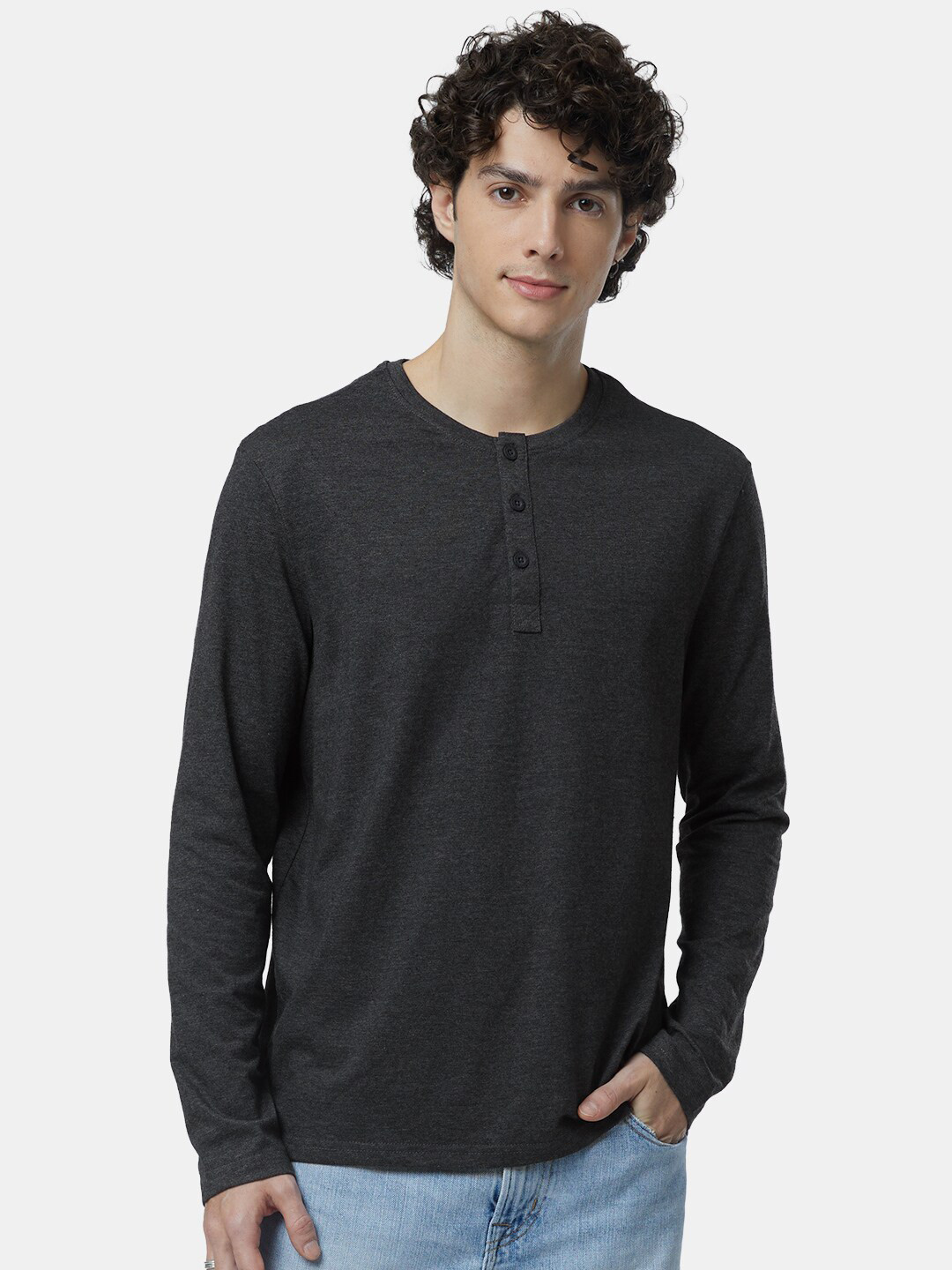 

The Souled Store Men Grey Henley Neck T-shirt