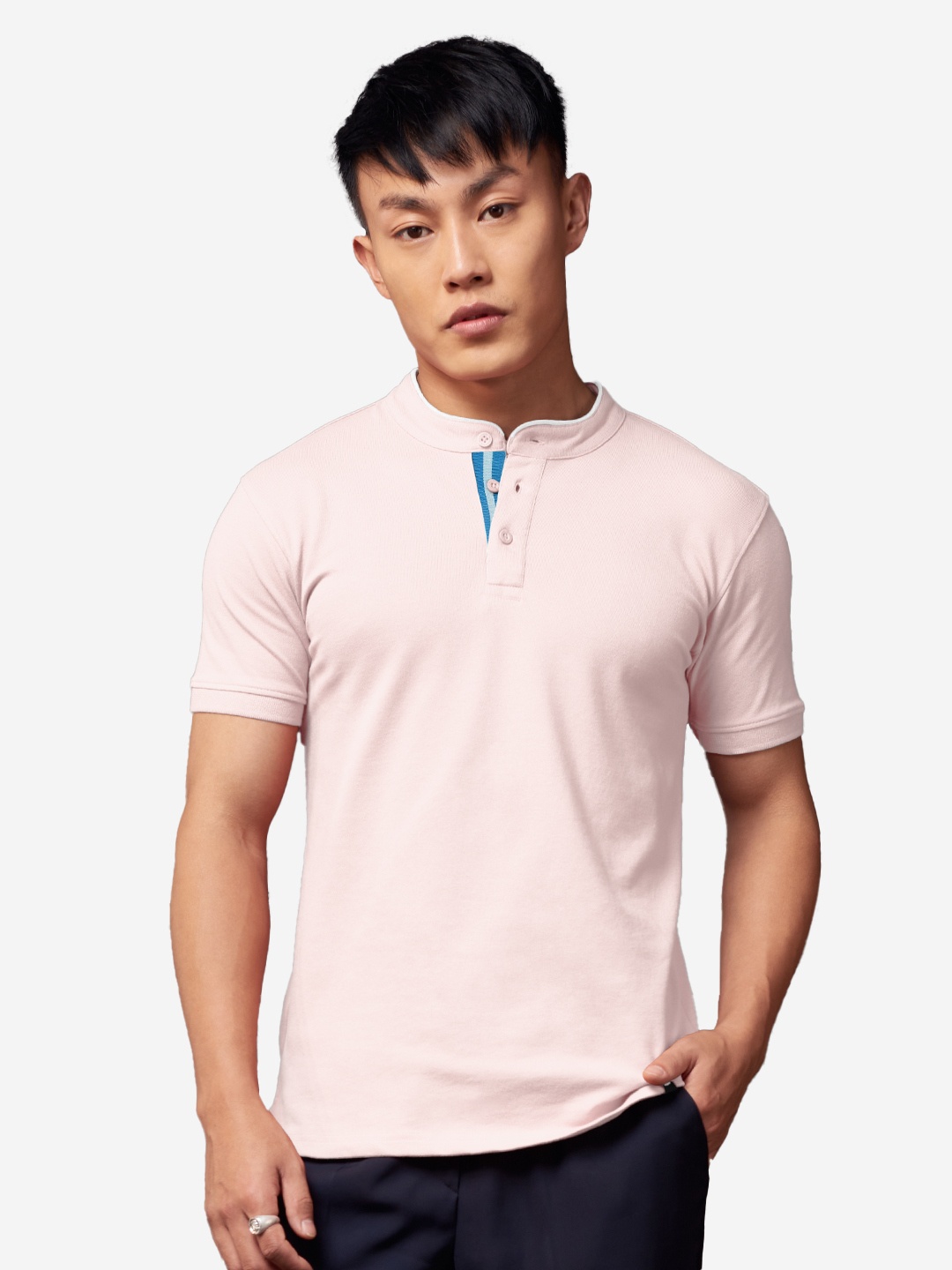 

The Souled Store Men Pink Mandarin Collar T-shirt