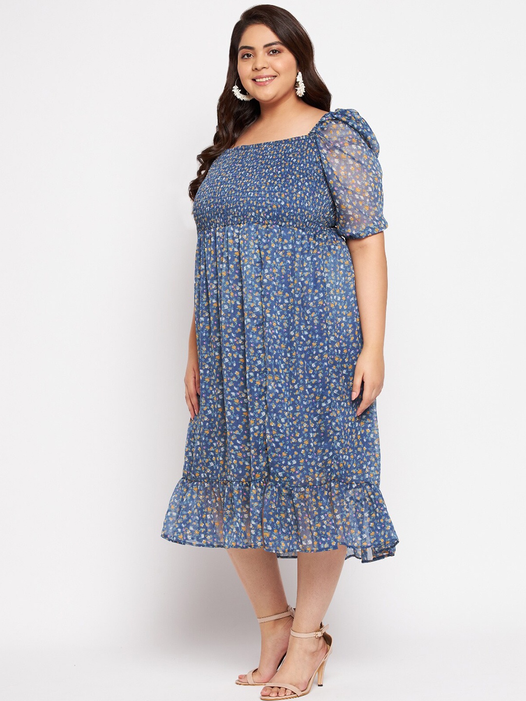 

wild U Grey Floral Printed Chiffon Empire Midi Dress