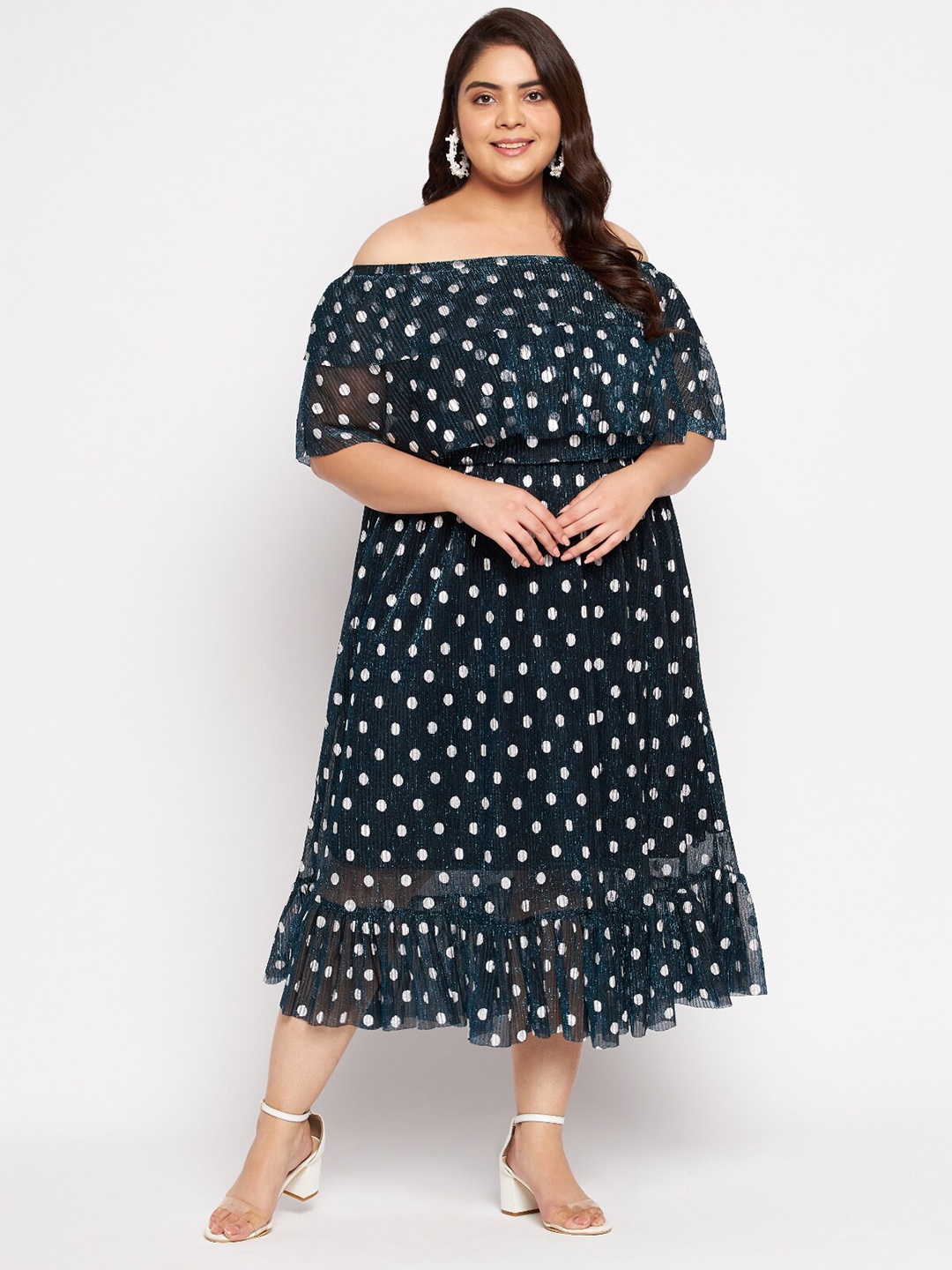 

wild U Plus Size Teal Blue Off-Shoulder Fit & Flare Midi Dress