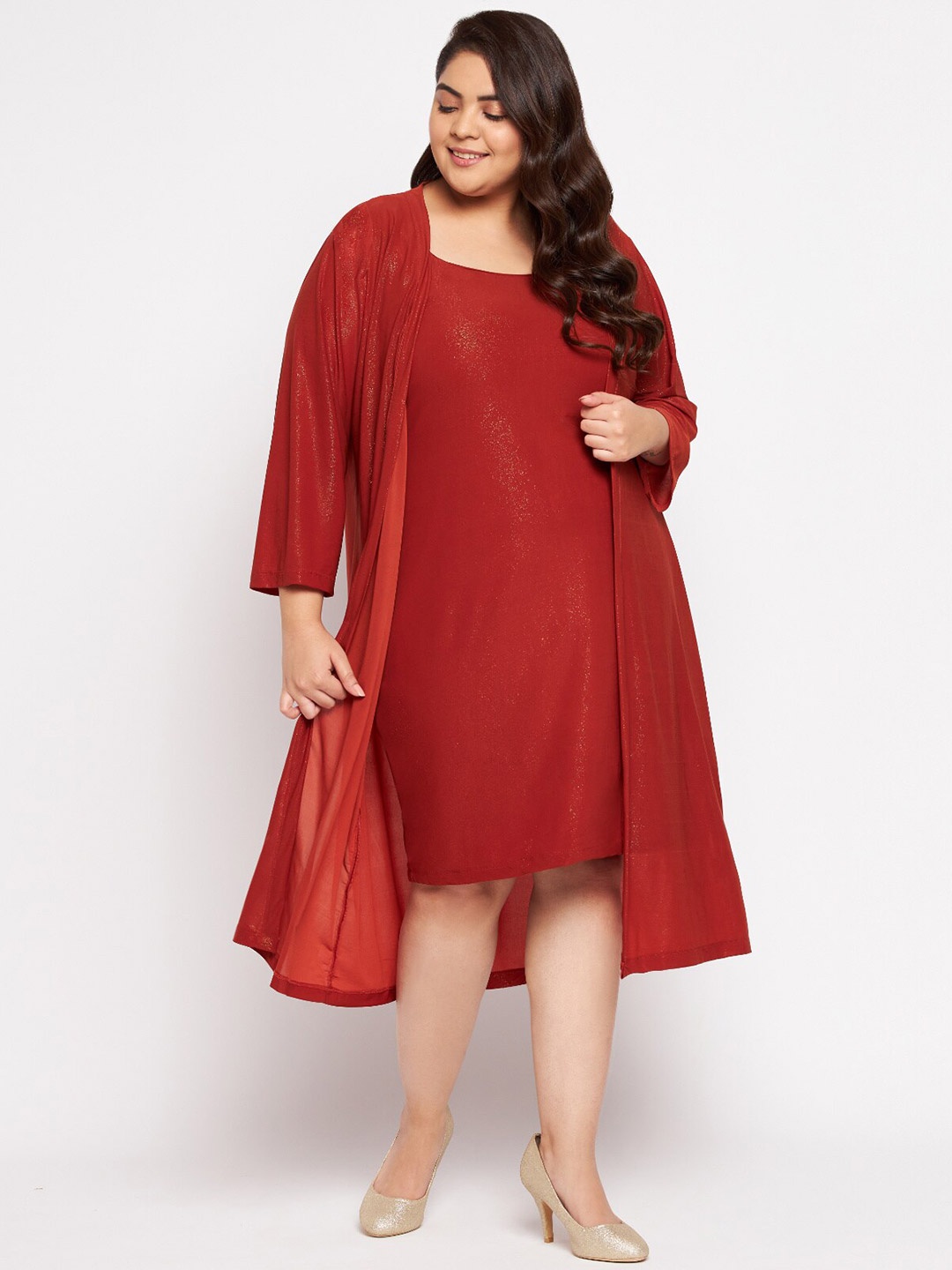 

Wild U Rust Plus Size Shimmer Sheath Dress with Shrug Set