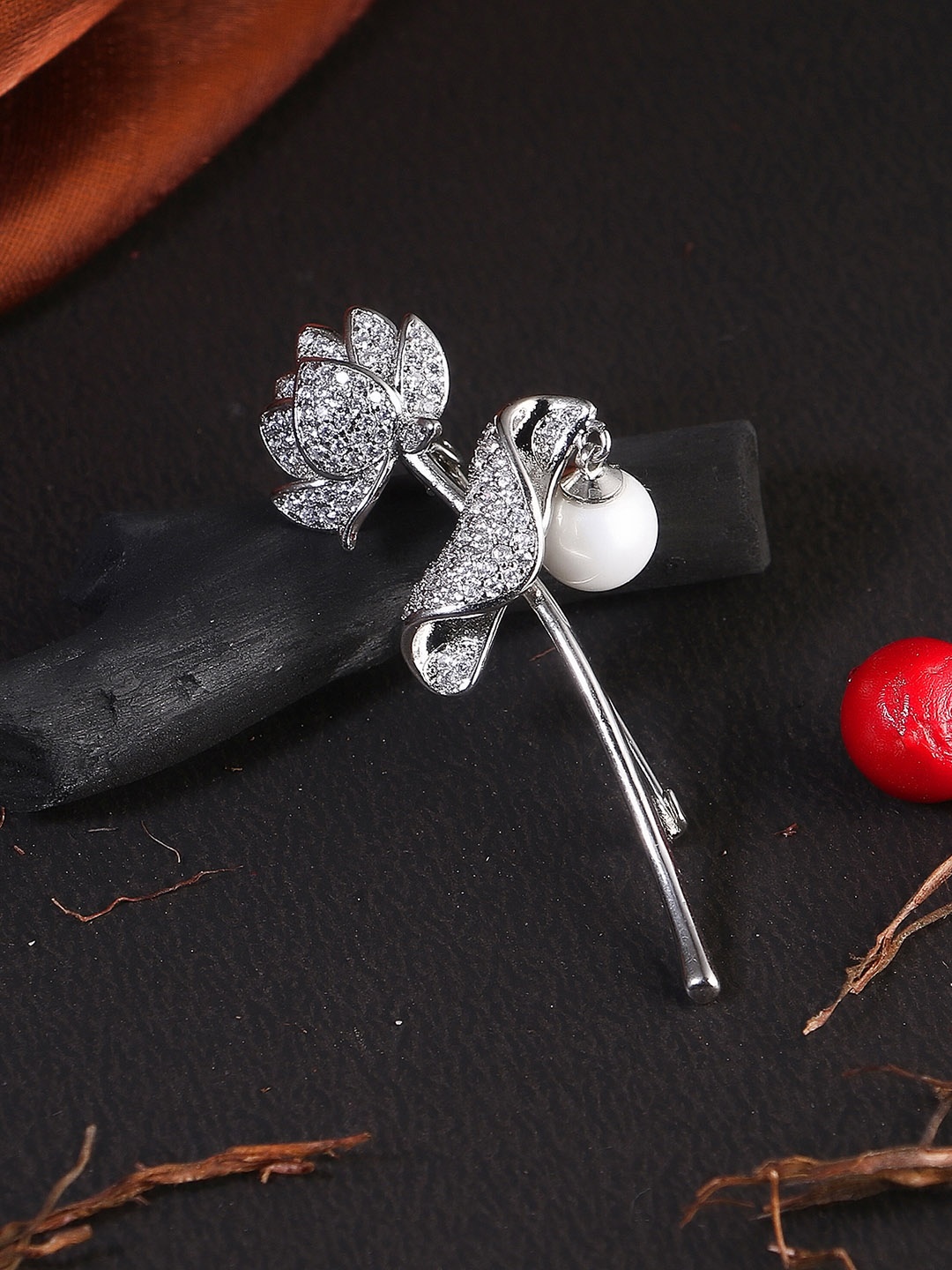 

Adwitiya Collection Silver-Plated & White Stone-Studded Flower Shape Brooch
