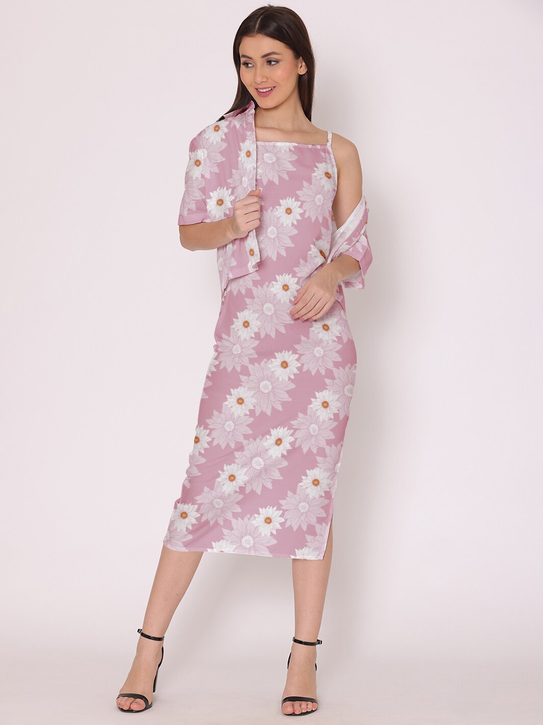 

DressBerry Women Rose Pink Floral Print Dress With Shirt