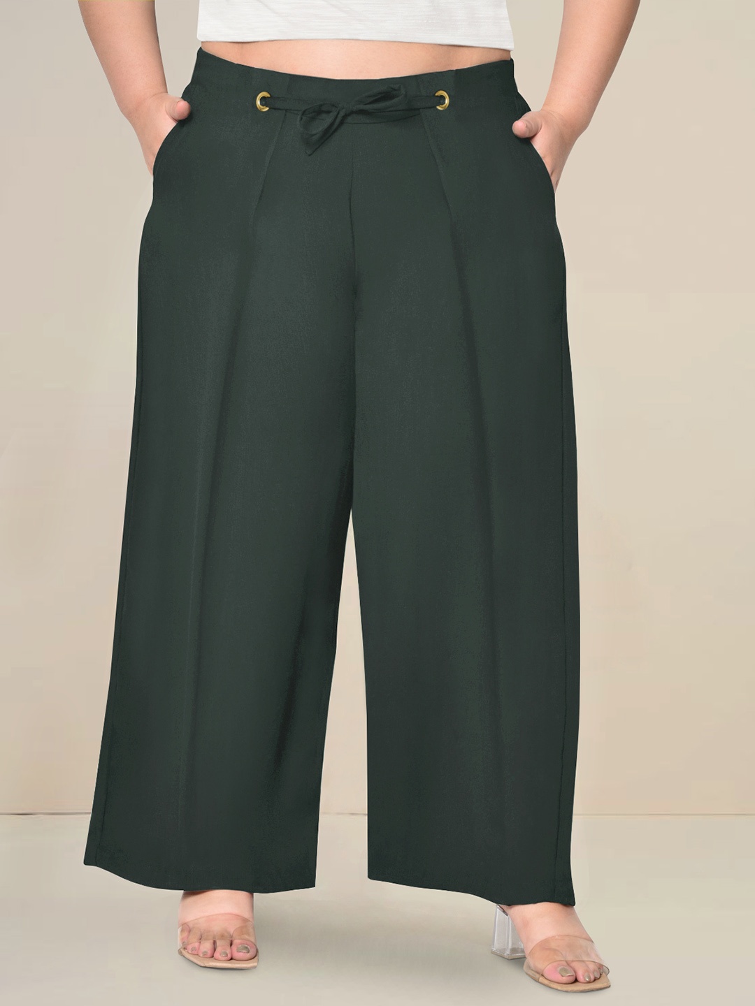 

wild U Women Plus Size Green Relaxed Straight Fit High-Rise Trouser