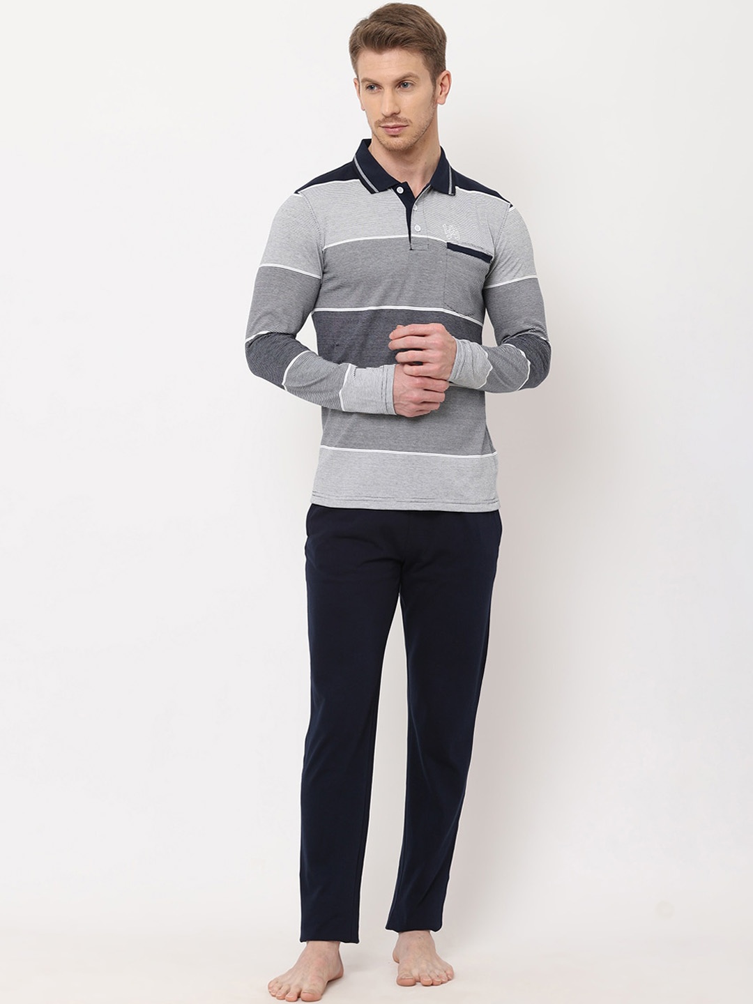 

Sweet Dreams Men Plus size Navy Blue & Grey Pure Cotton Striped Night suit