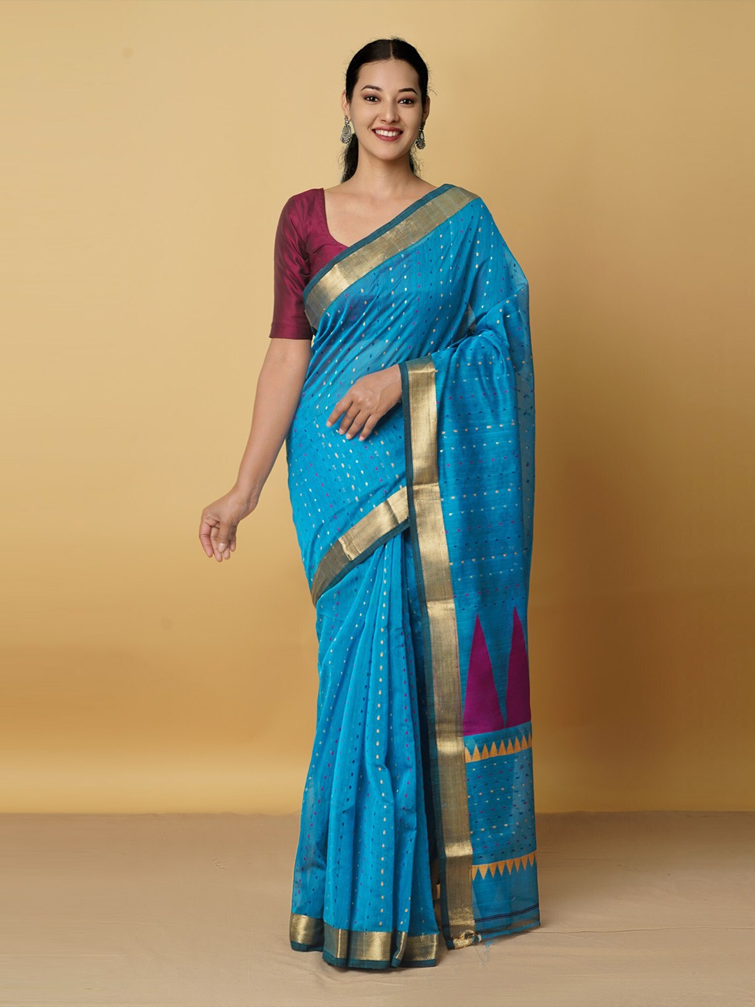 

Unnati Silks Blue & Gold Woven Design Zari Silk Cotton Maheshwari Saree