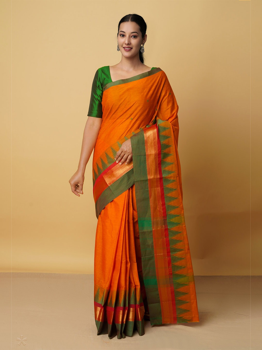 

Unnati Silks Orange & Green Zari Pure Cotton Kanjeevaram Saree