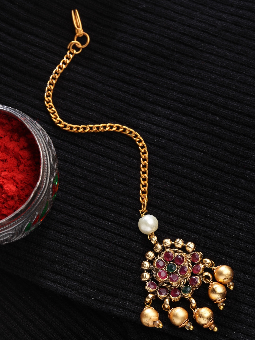 

PANASH Gold-Plated White & Green Stone-Studded & Pearl Beaded Maang Tikka