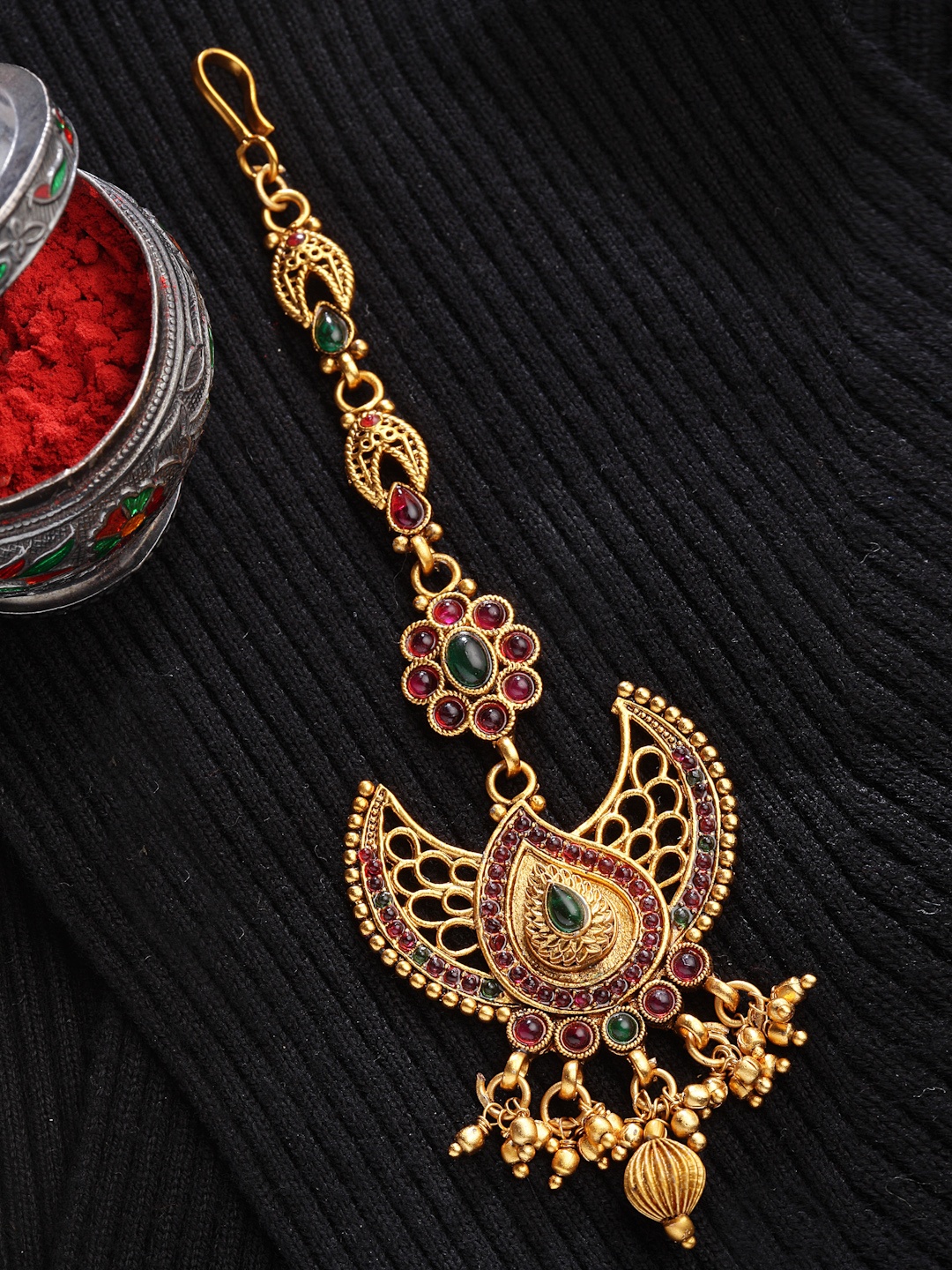 

PANASH Gold-Plated Red & Green Stone-Studded & Pearl Beaded Maang Tikka