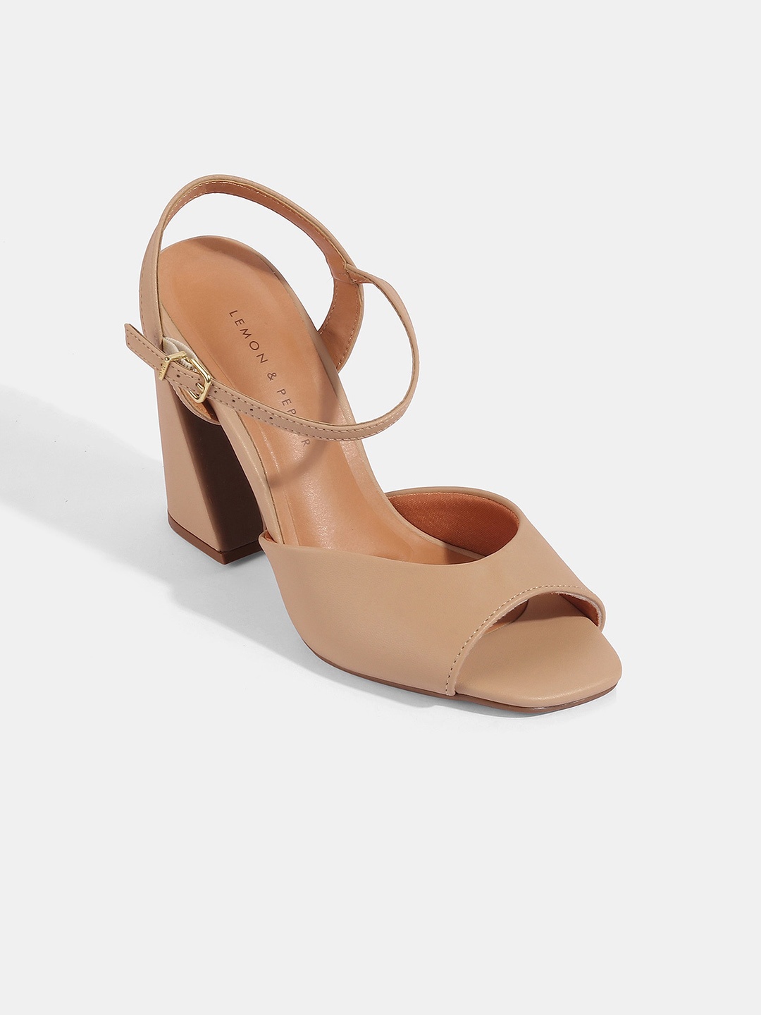 

LEMON & PEPPER Beige PU Block Peep Toes with Buckles