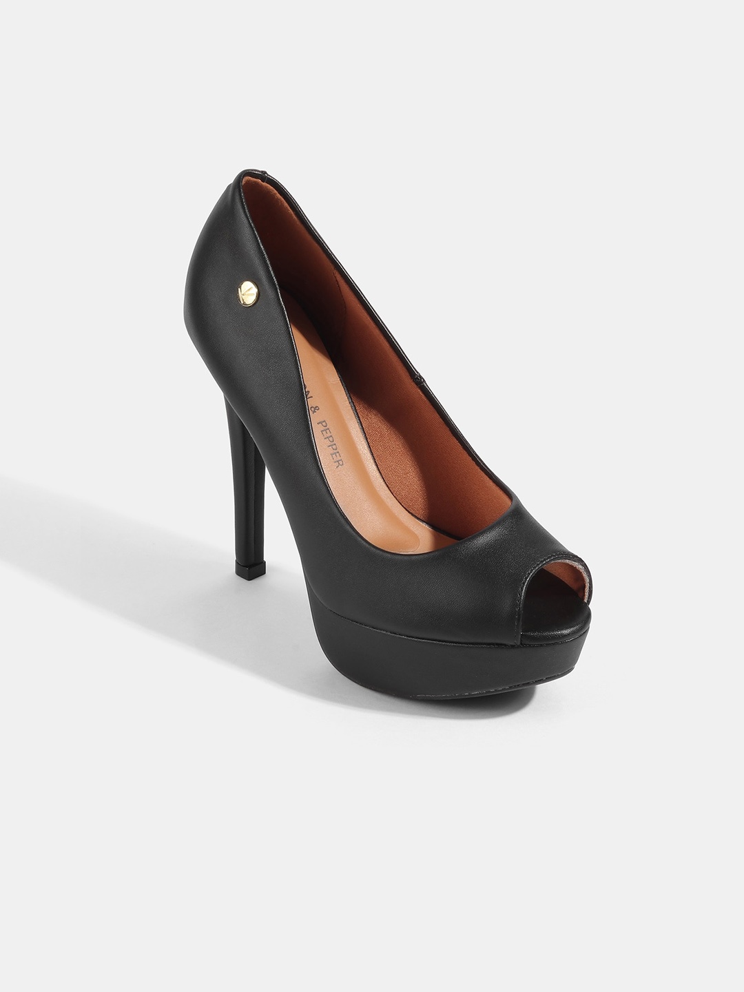 

LEMON & PEPPER Black PU Party Stiletto Peep Toes Heels