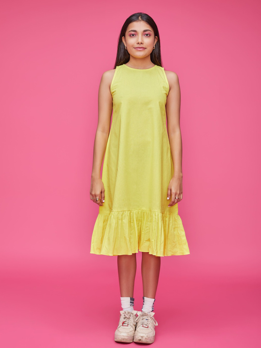 

POPPI Yellow Cotton A-Line Midi Dress