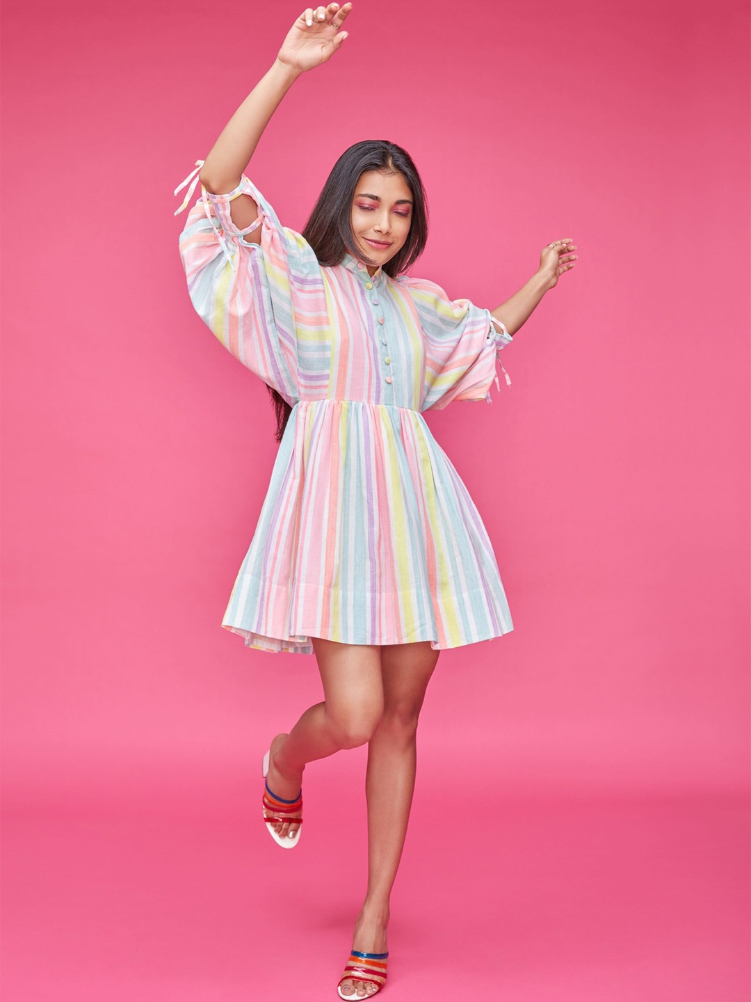 

POPPI Women Multicoloured Striped Cotton Dress, Multi