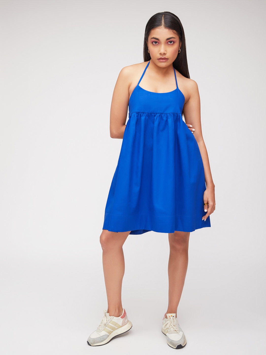 

POPPI Blue A-Line Shoulder Strap Cotton Dress