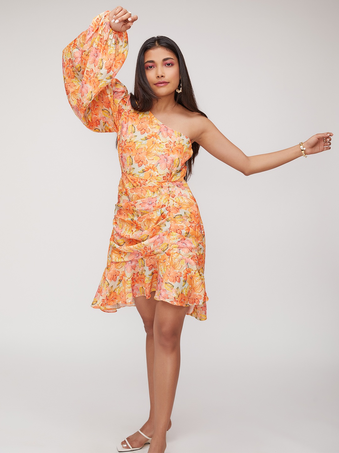 

POPPI Yellow Floral One Shoulder A-Line Dress