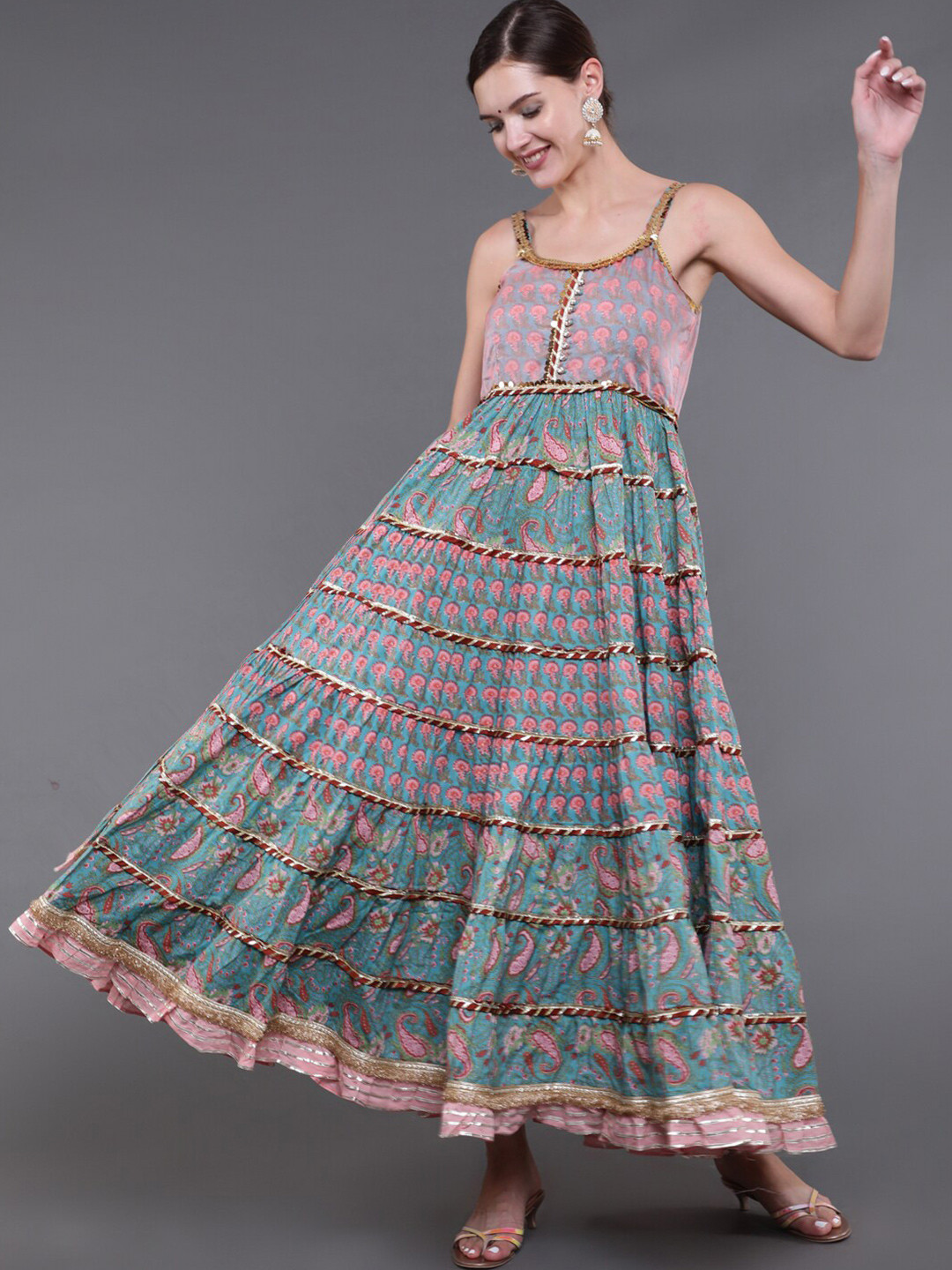 

saubhagya Women Blue & Pink Printed Cotton Lace Details Maxi Dress