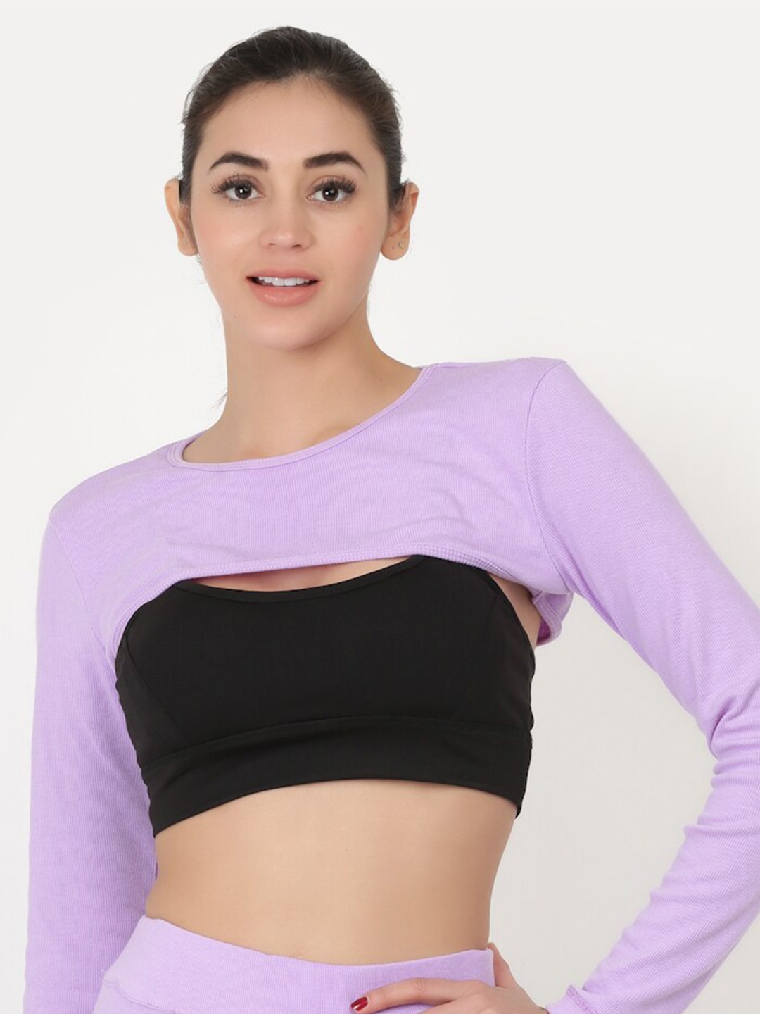 

EVERDION Women Lavender Solid Pure Cotton Crop Top