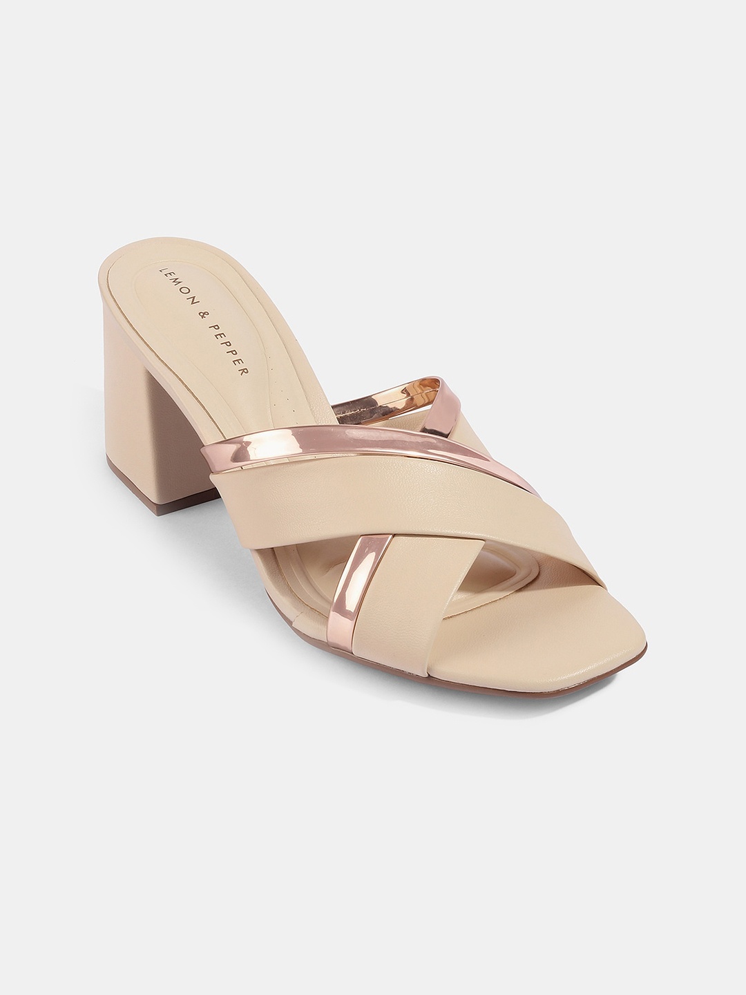 

LEMON & PEPPER Beige & Rose Gold Textured PU Block Sandals