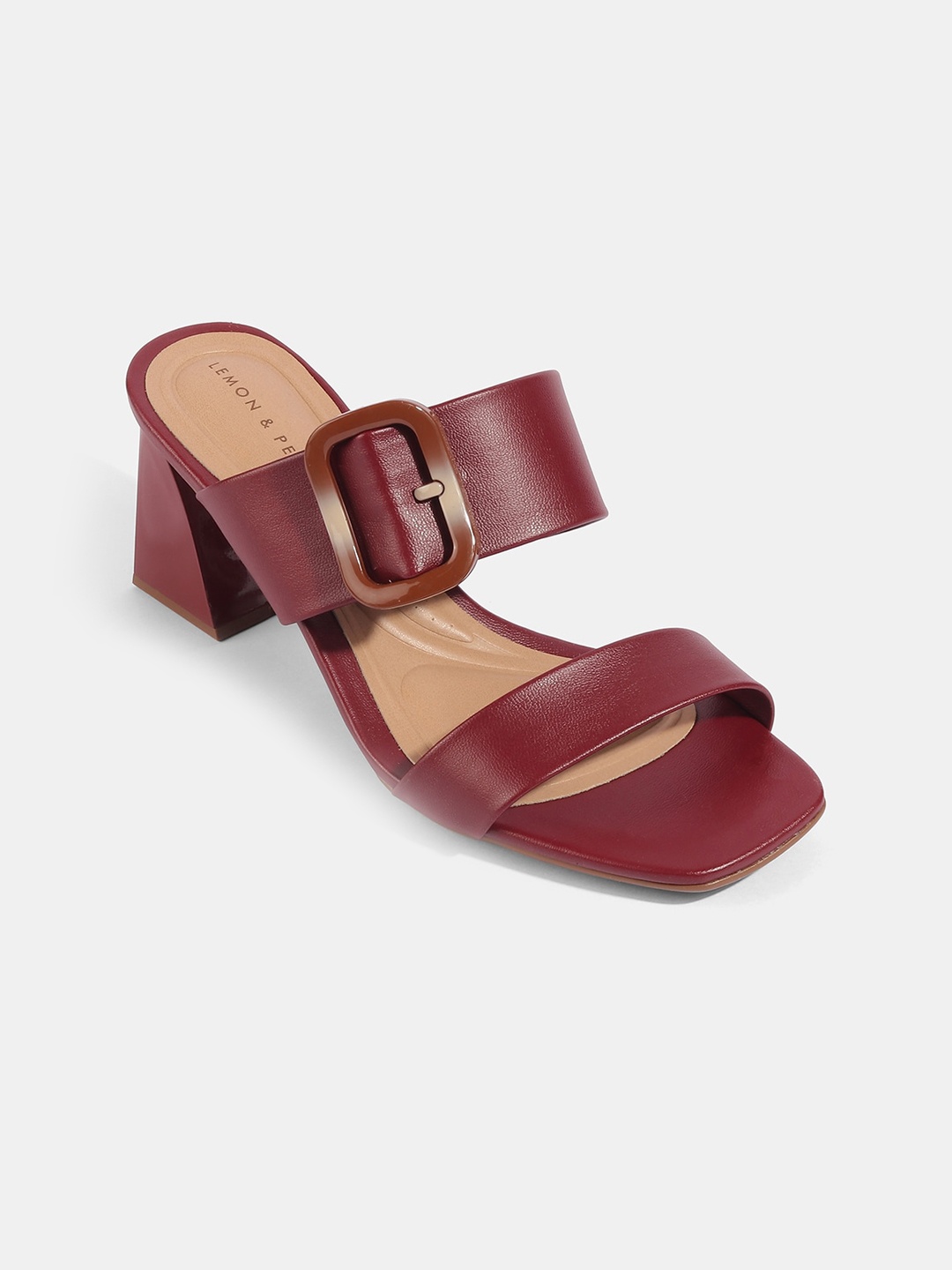 

LEMON & PEPPER Maroon & Beige Colourblocked PU Block Sandals with Buckles