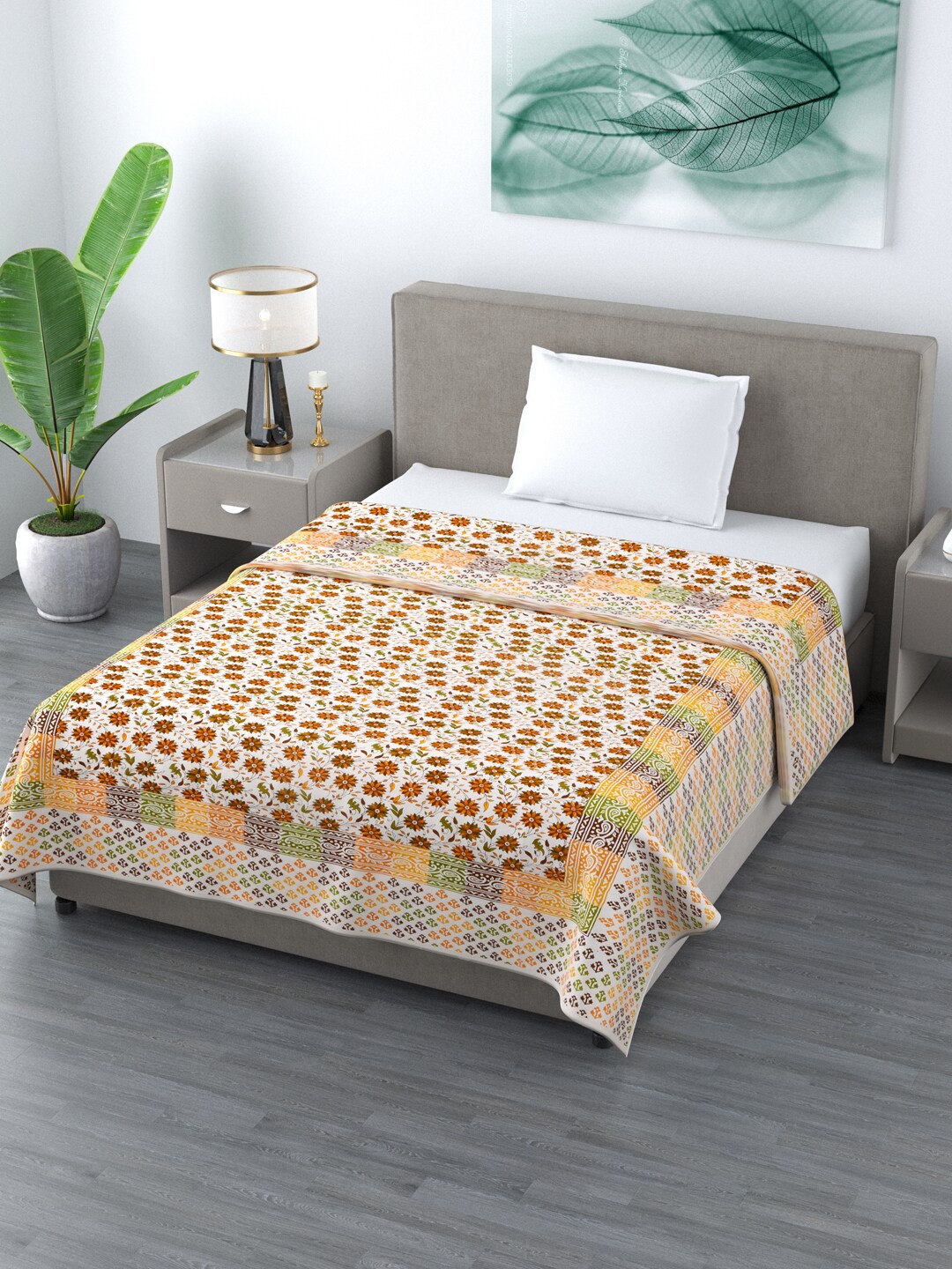 

LIVING ROOTS jaipuri pure cotton premium White & Yellow 210 GSM Double Bed Dohar
