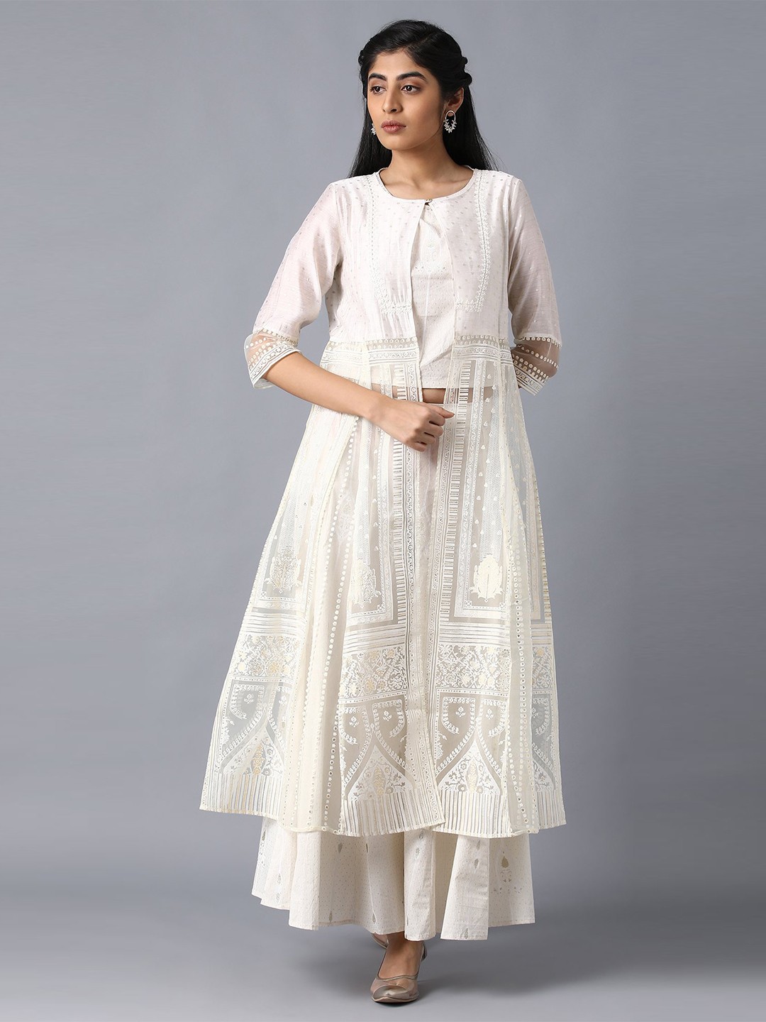 

W Women White Ethnic Motifs Printed Top with Skirt With Jacket