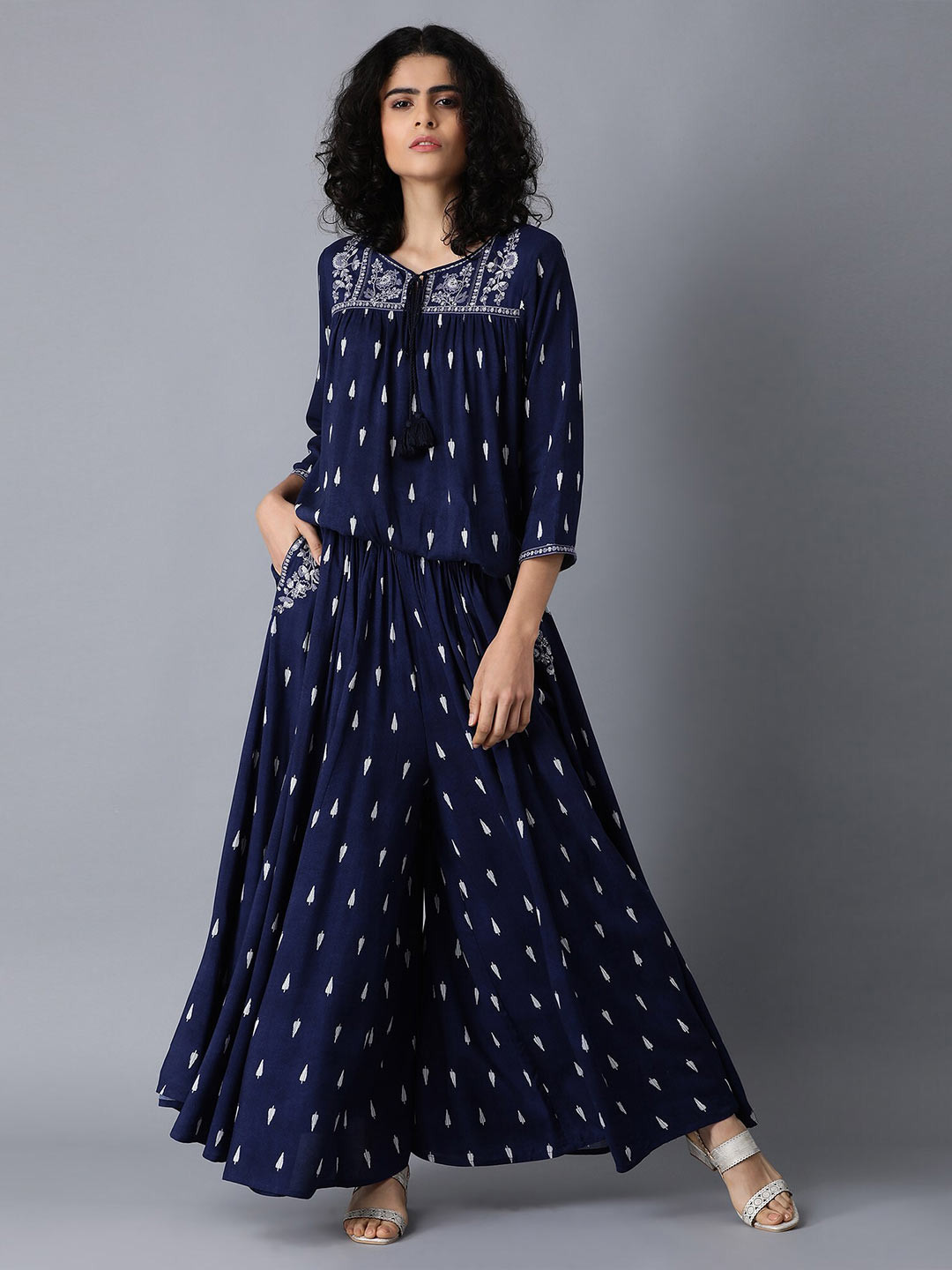 

W Blue Women Printed Basic Jumpsuit with Embroidered