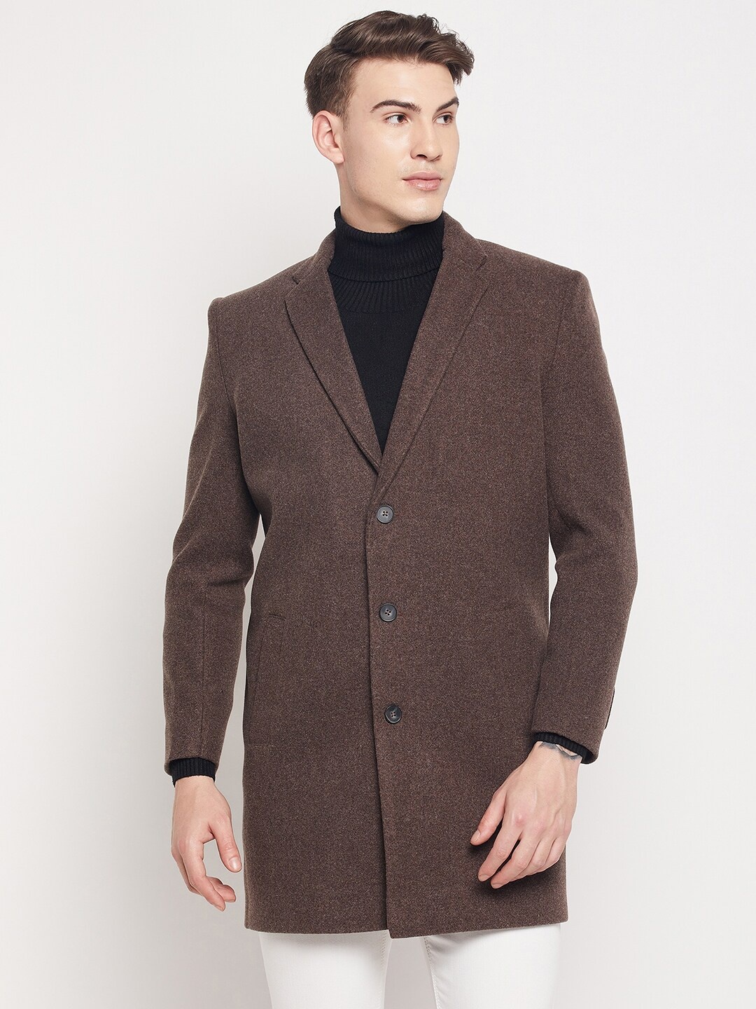 

Duke Men Brown Solid Double-Breasted Trench Coat