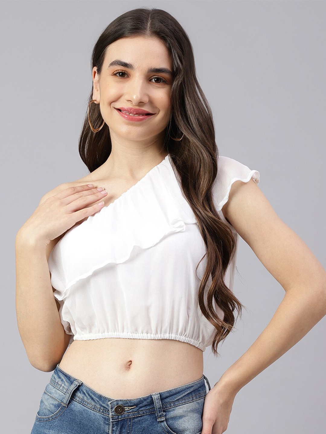 

DECKEDUP Women White One Shoulder Georgette Blouson Crop Top