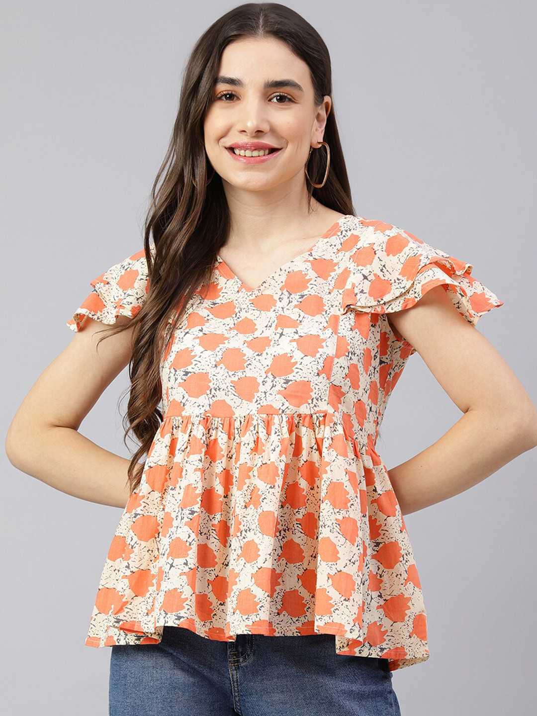 

DECKEDUP White Floral Print Pure Cotton Peplum Top