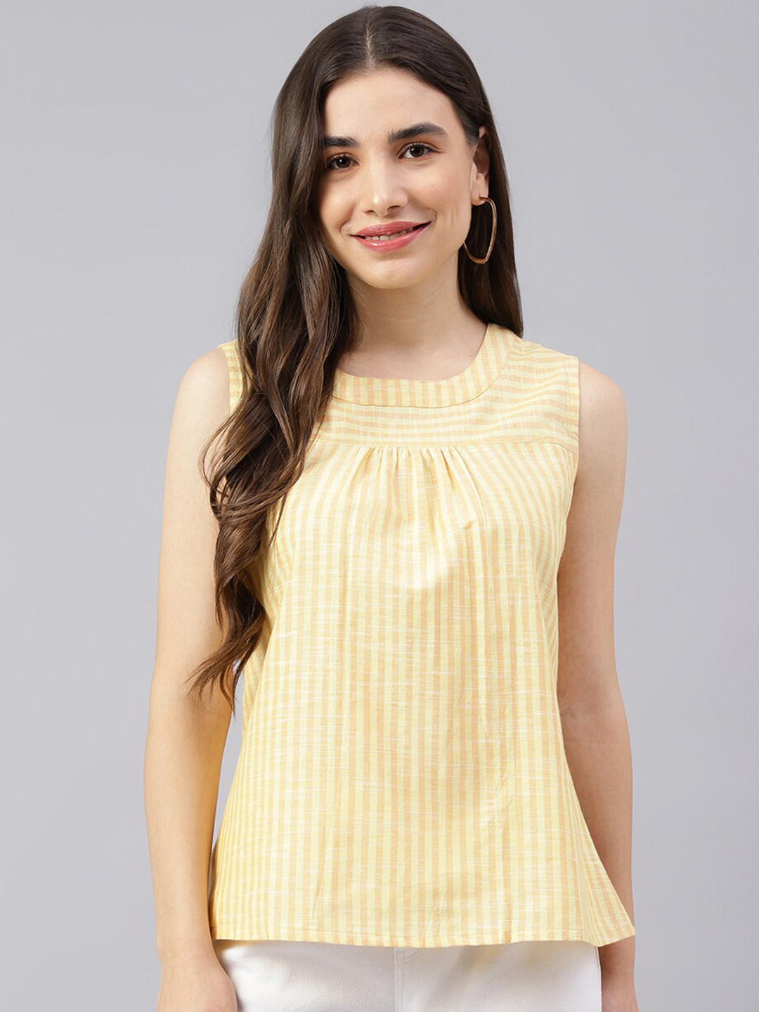 

DECKEDUP Women Yellow Striped Pure Cotton Top