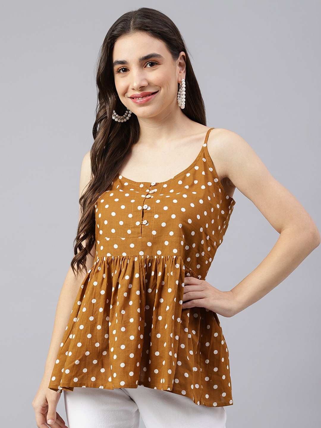 

DECKEDUP Brown Polka Dot Printed Shoulder Strap Peplum Top