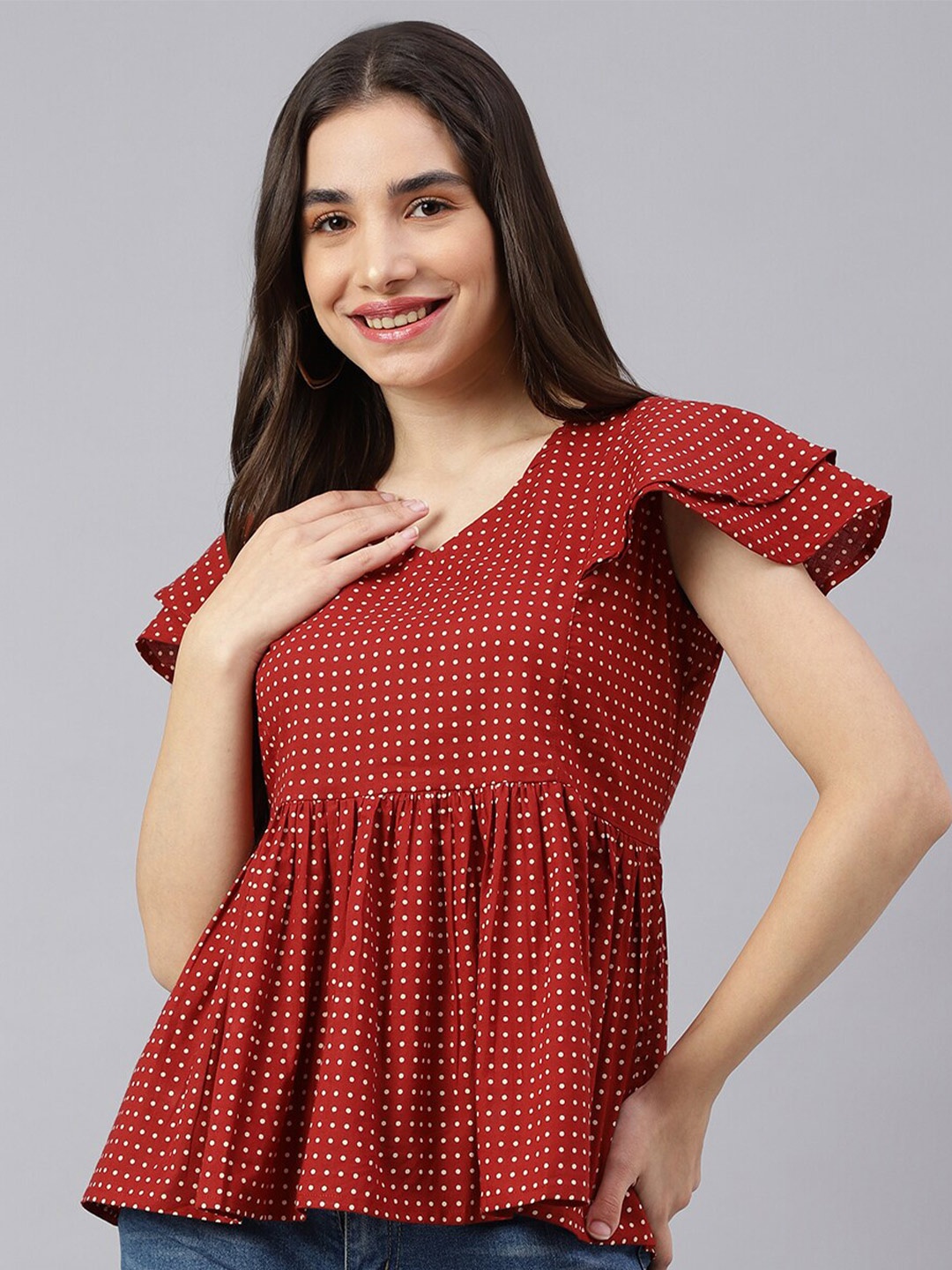 

DECKEDUP Women Maroon Printed Cotton Top