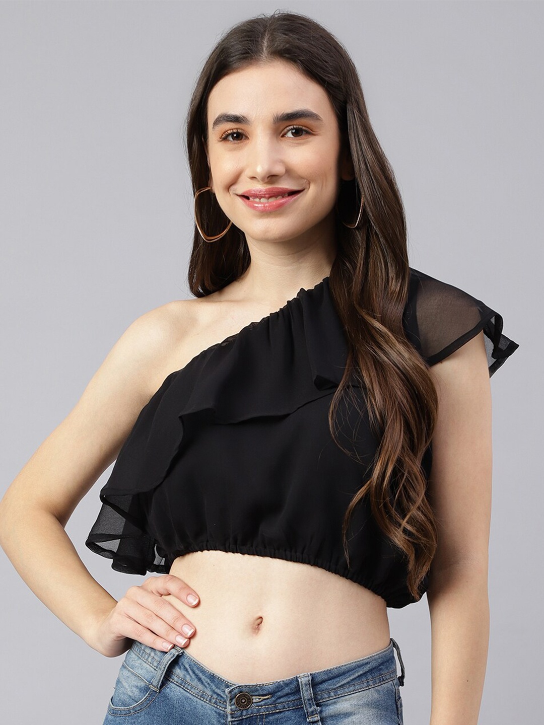 

DECKEDUP Women Black Solid One Shoulder Blouson Crop Top