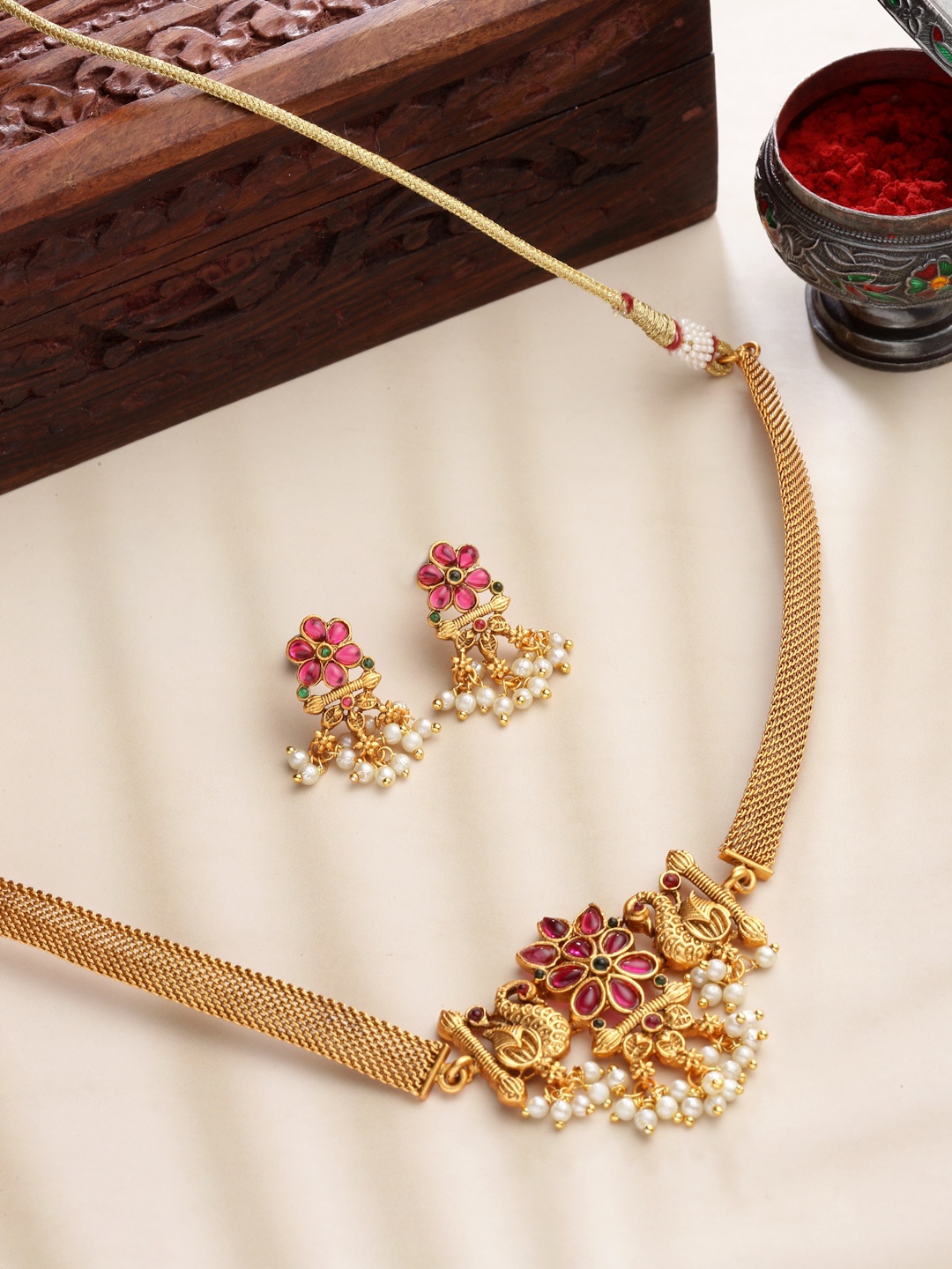 

PANASH Gold-Plated Pink Stone-Studded Peacock Shaped Jewellery Set