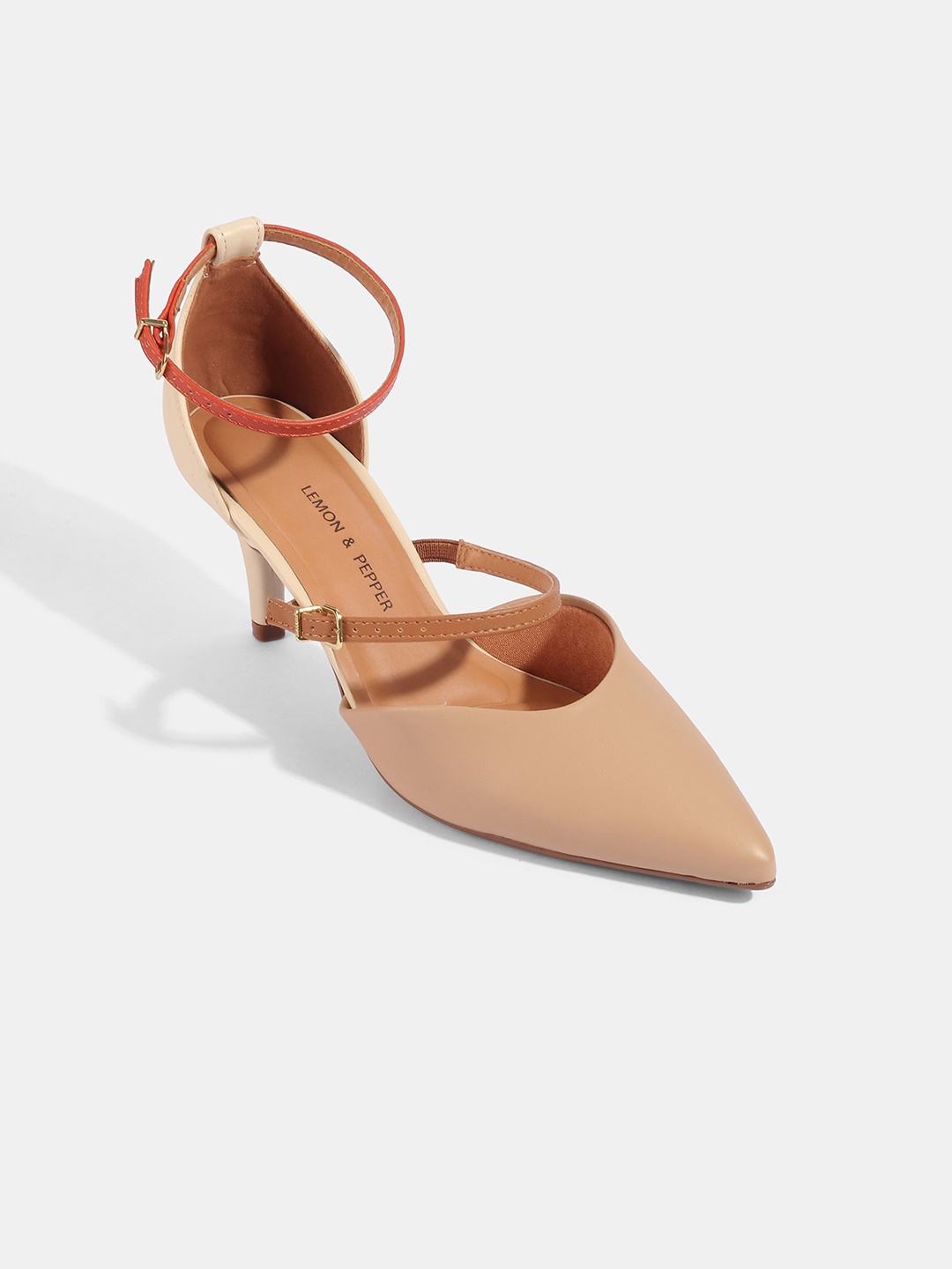 

LEMON & PEPPER Women Beige Kitten Pumps with Ankle Loop