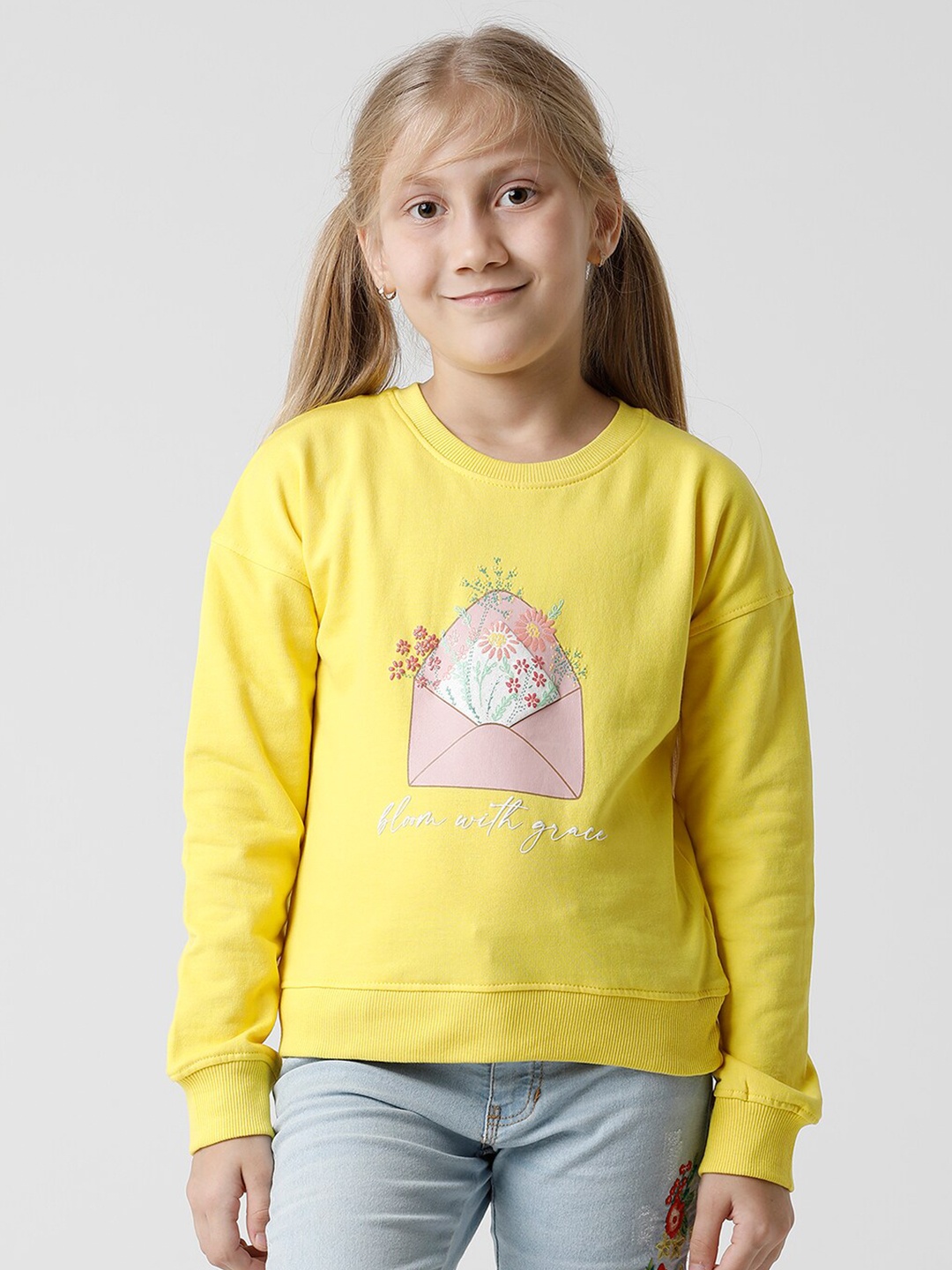 

KATE & OSCAR Girls Yellow Printed Cotton Sweatshirt