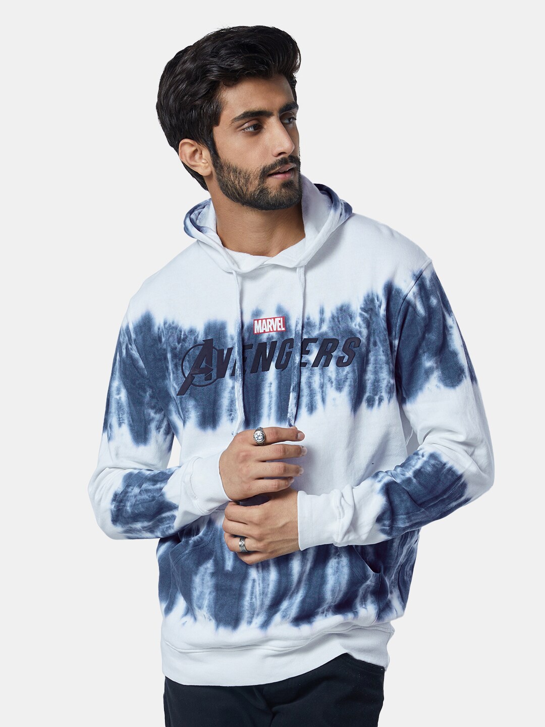 

The Souled Store Men Blue Printed Tie Dye Hooded Pure Cotton Sweatshirt