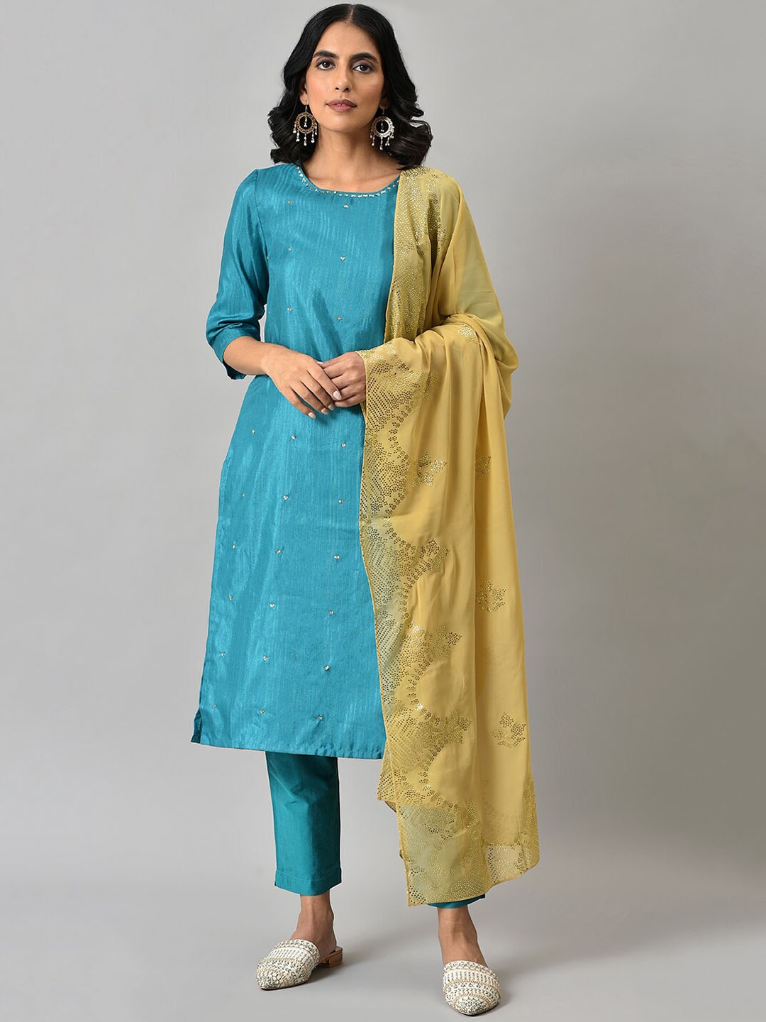 

W Festive Silk Kurta With Slim Pant & Dupatta, Teal