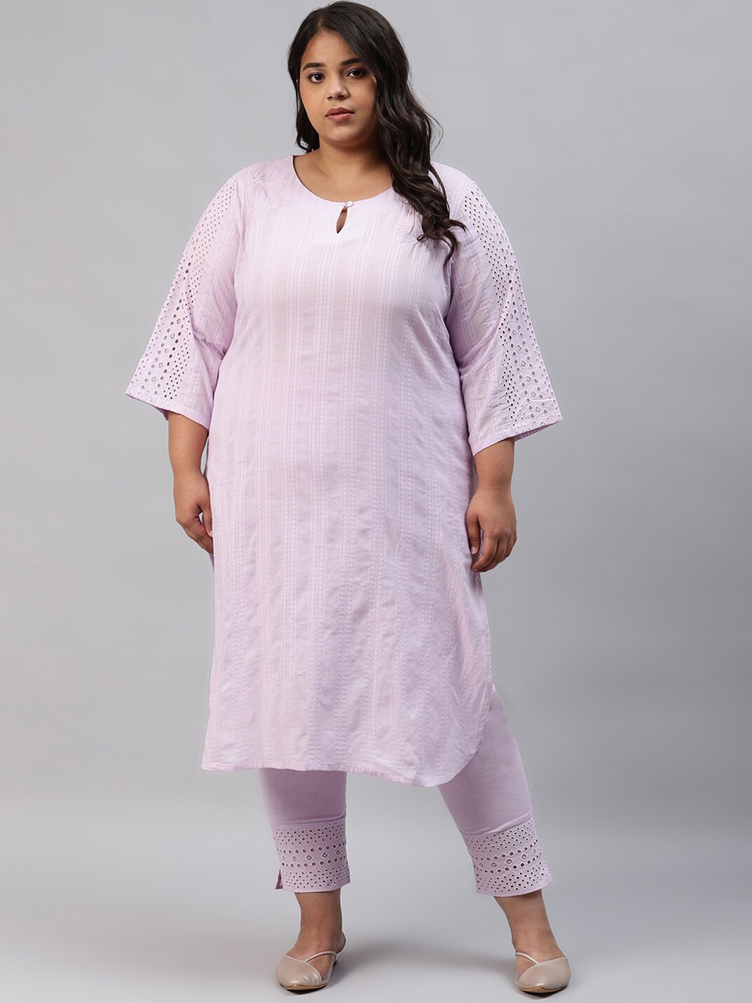 W Women Festive Striped Print Cotton Kurta With Slim Pant, Lavender
