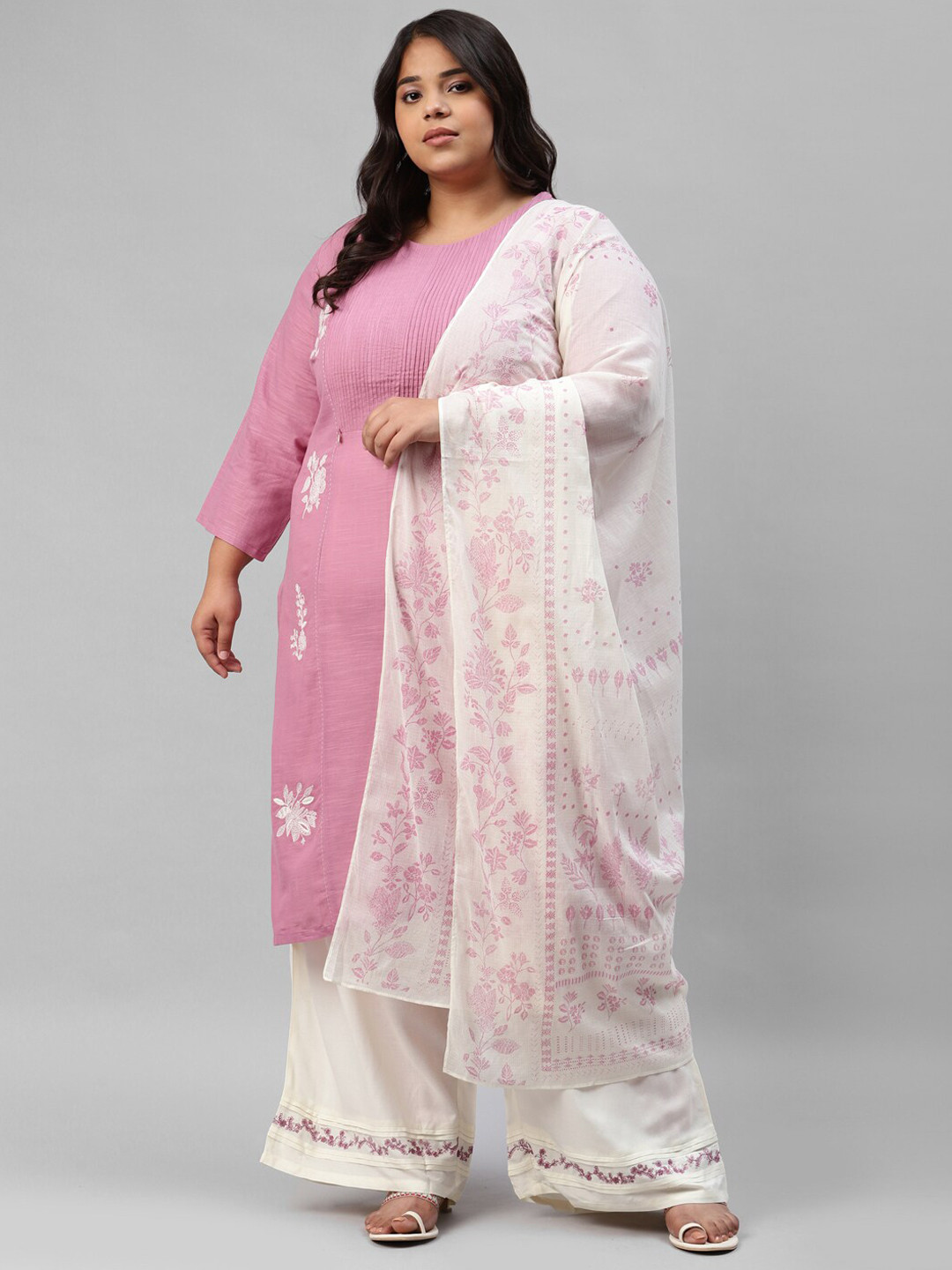 

W Women Pink & White Pure Cotton Ethnic Motifs Printed Kurta with Palazzos & With Dupatta