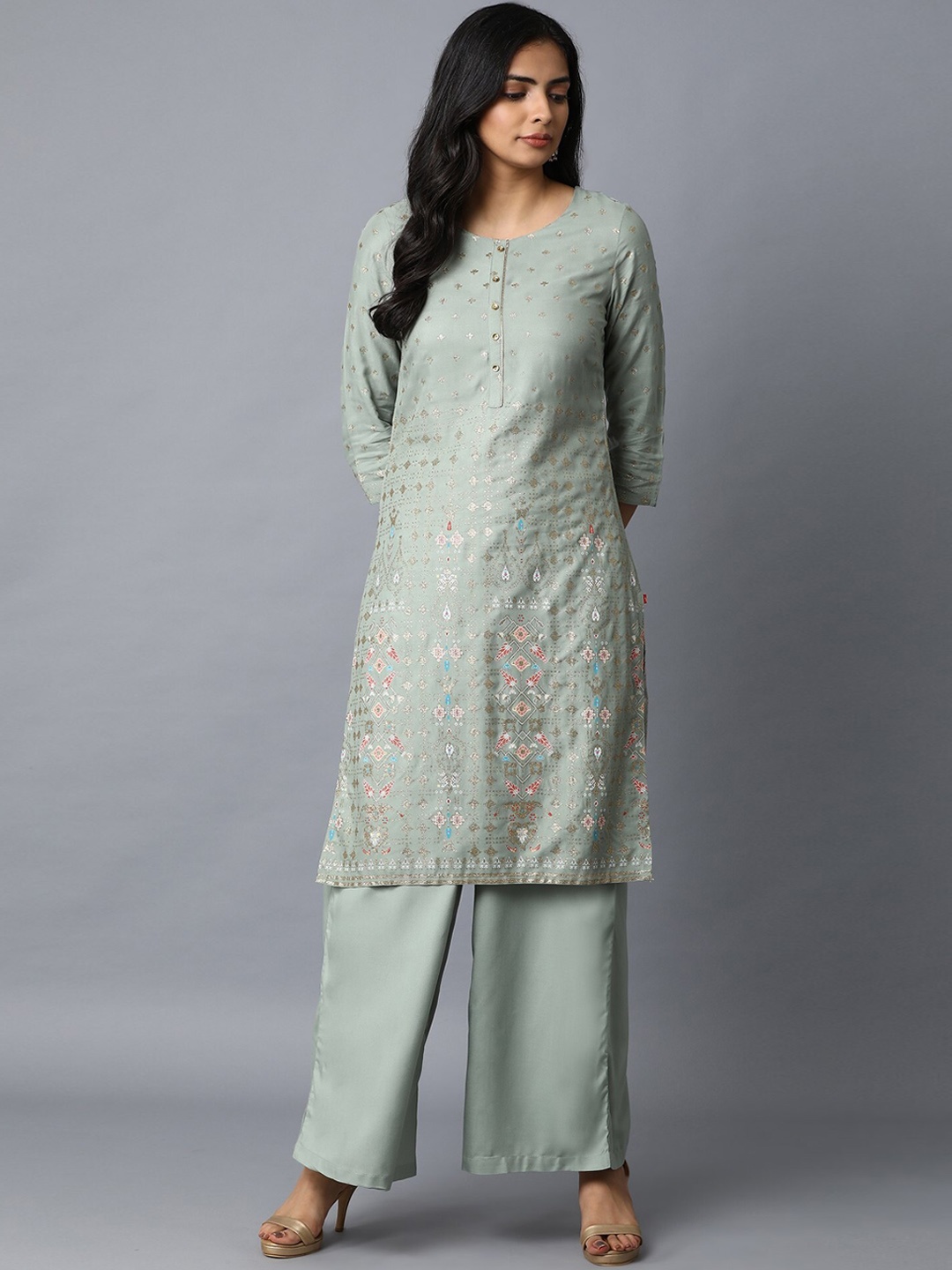 

W Women Grey Floral Printed Kurta with Palazzos