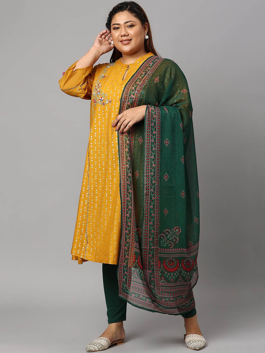 

W Women Plus Size Mustard Yellow Yoke Design Kurta With Dupatta