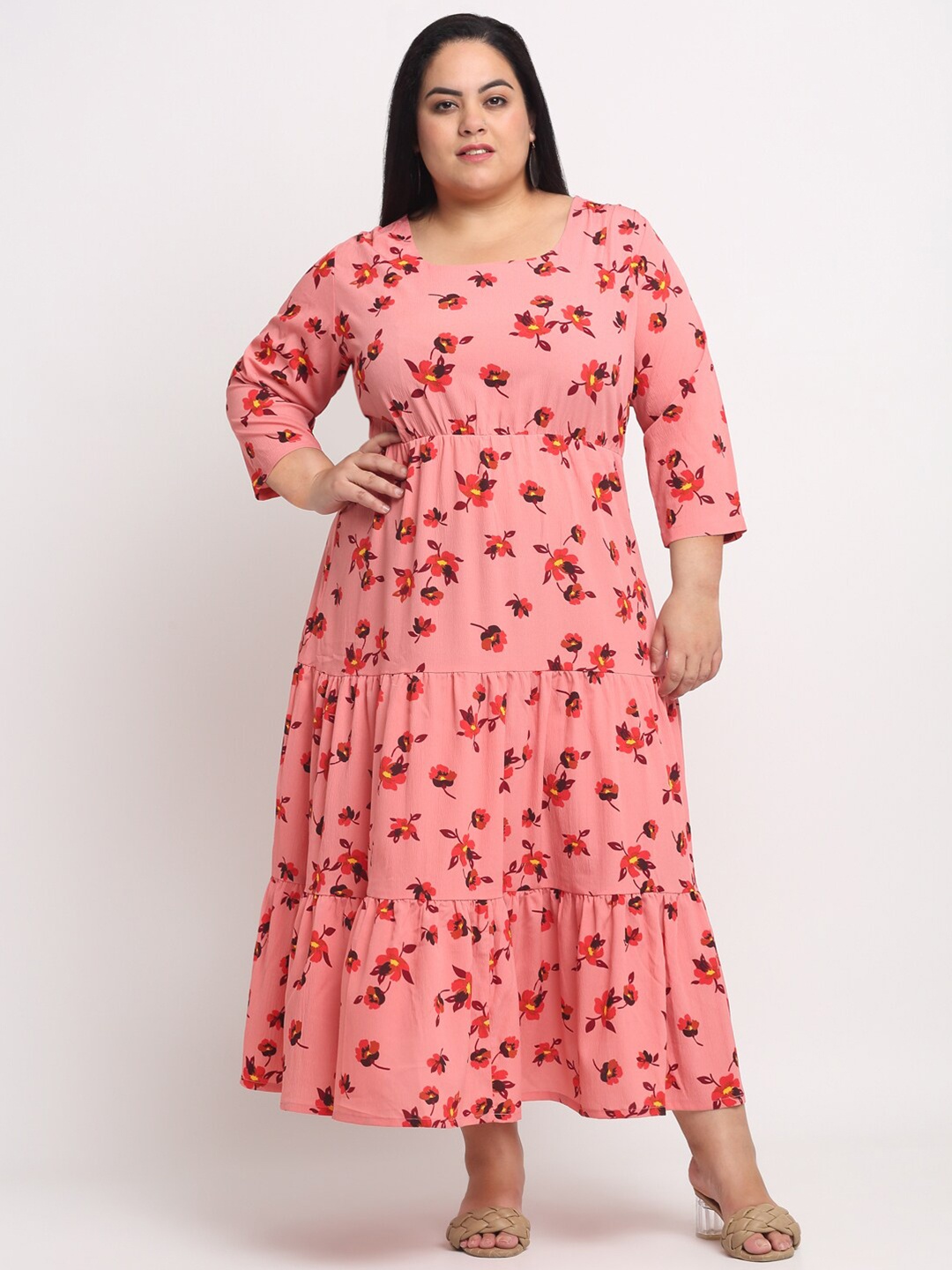 

plusS Peach-Coloured & Orange Floral A-Line Midi Dress