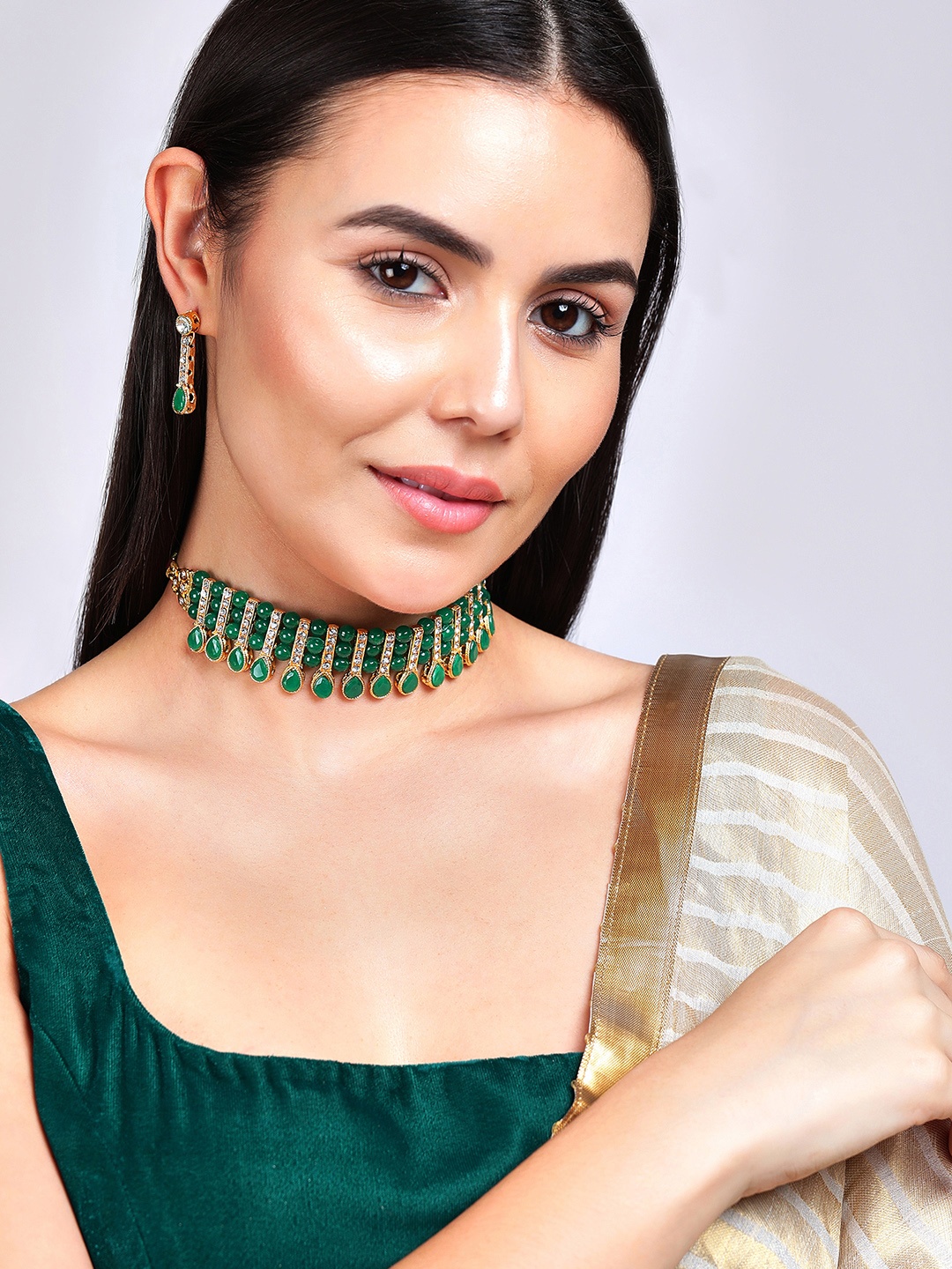 

Anouk Green Gold-Plated AD-Studded with Beads Jewellery Set