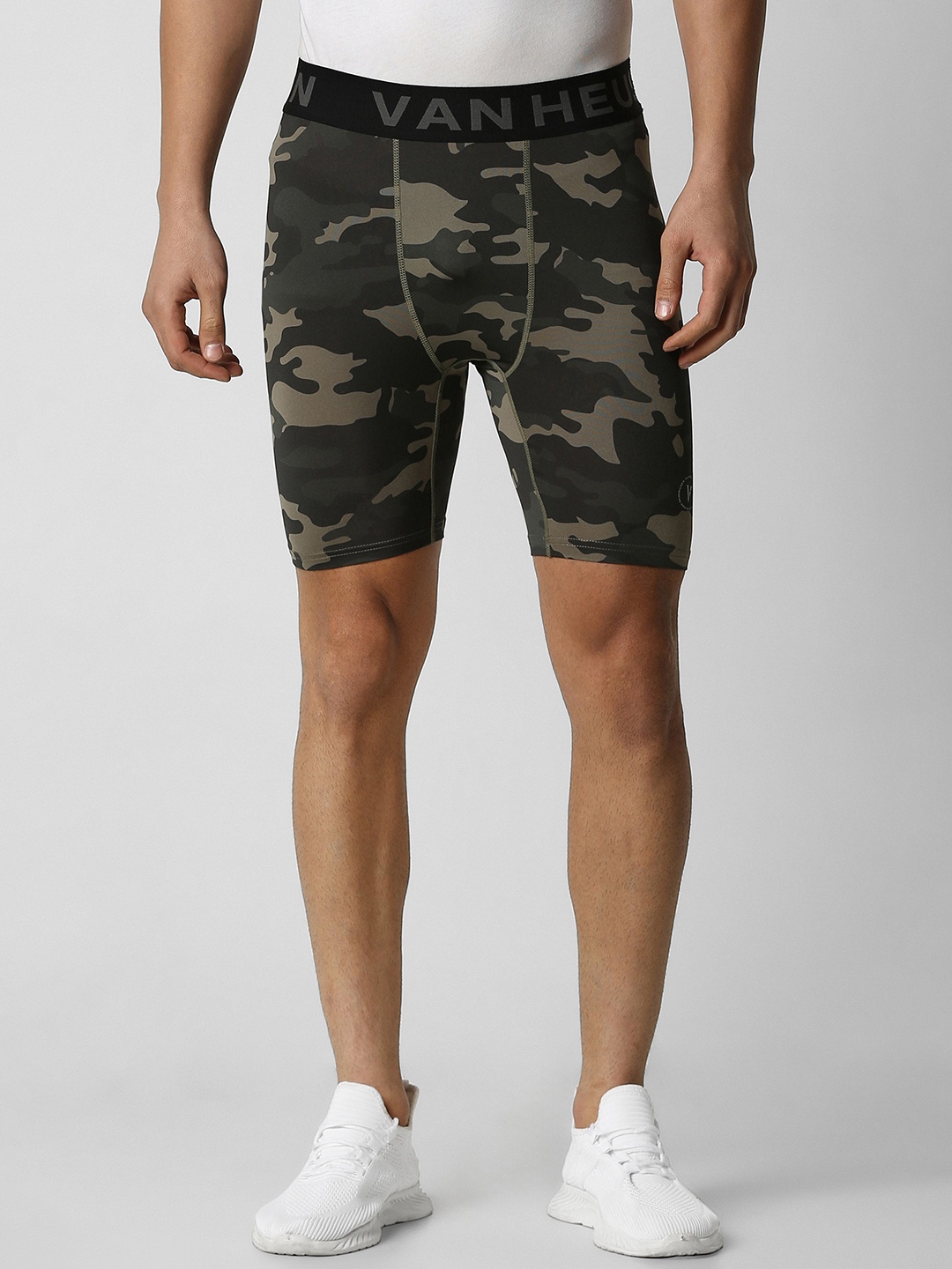 

Van Heusen Men Olive Green Camouflage Printed Cycling Shorts